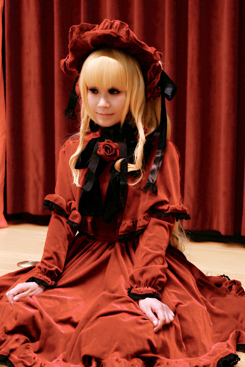 1girl blonde_hair curtains dress frills indoors long_sleeves red_dress shinku sitting solo