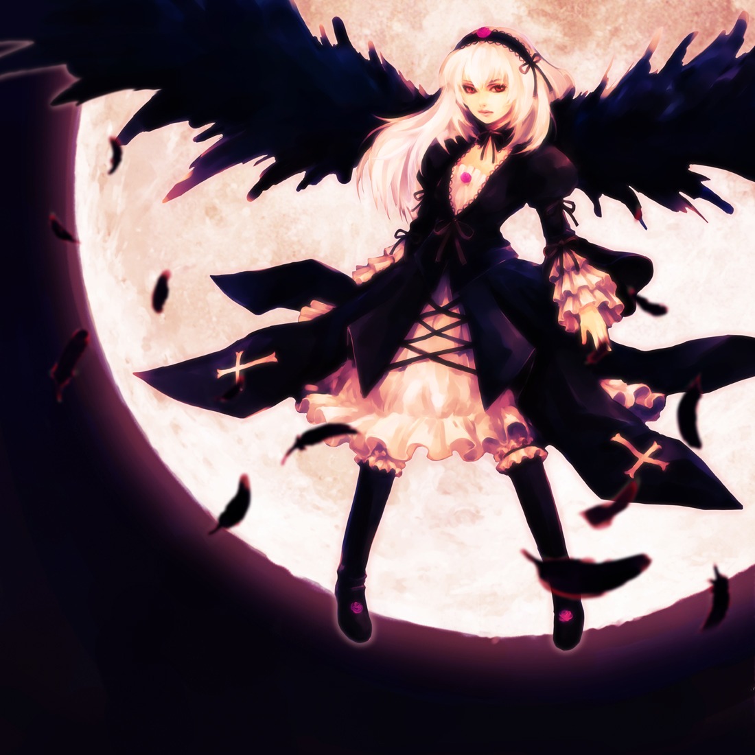 1girl auto_tagged black_wings boots commentary_request dress feathers flower frills full_moon hairband hironox image long_hair long_sleeves moon photoshop_(medium) red_eyes rozen_maiden solo suigintou white_hair wings