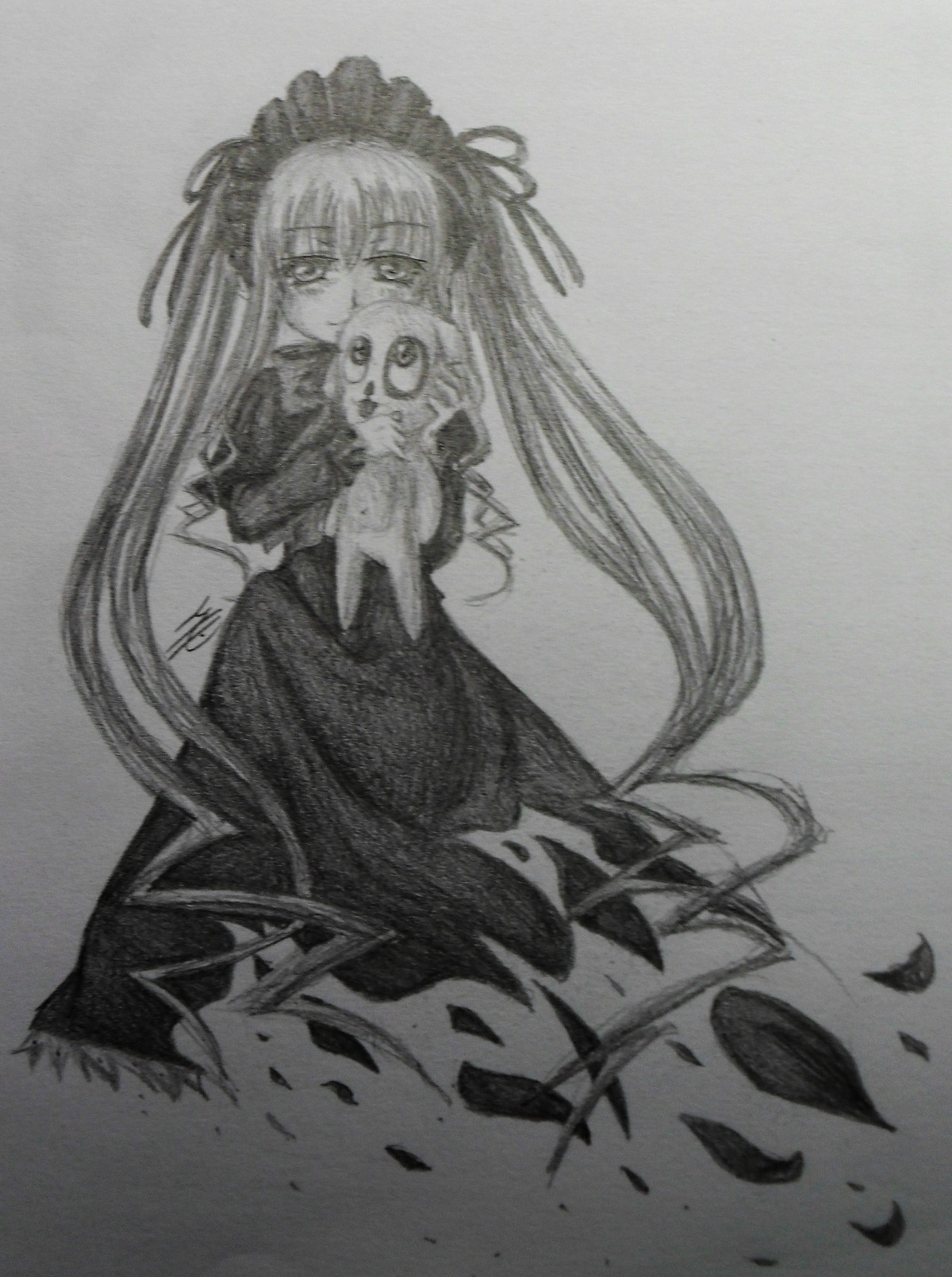 1girl dress greyscale hairband image long_hair long_sleeves looking_at_viewer monochrome rose shinku simple_background solo suigintou traditional_media very_long_hair wings