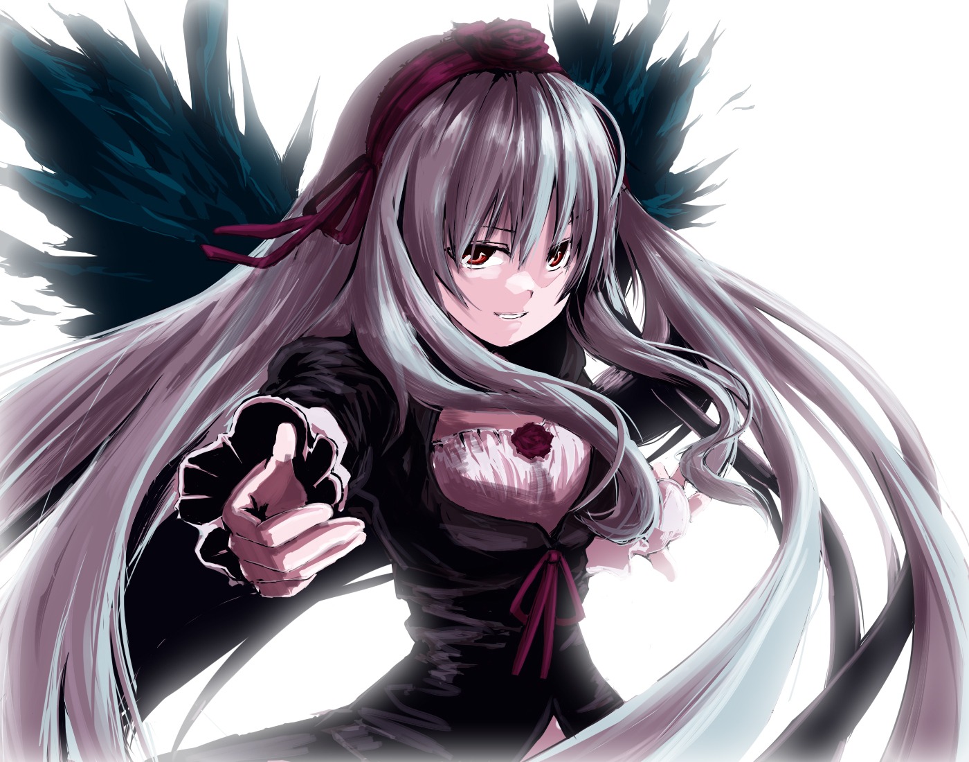 1girl black_dress black_wings commentary_request dress feathered_wings feathers foreshortening grin hairband image long_hair long_sleeves looking_at_viewer photoshop_(medium) pointing red_eyes ribbon rozen_maiden silver_hair smile solo suigintou unagiman very_long_hair wings