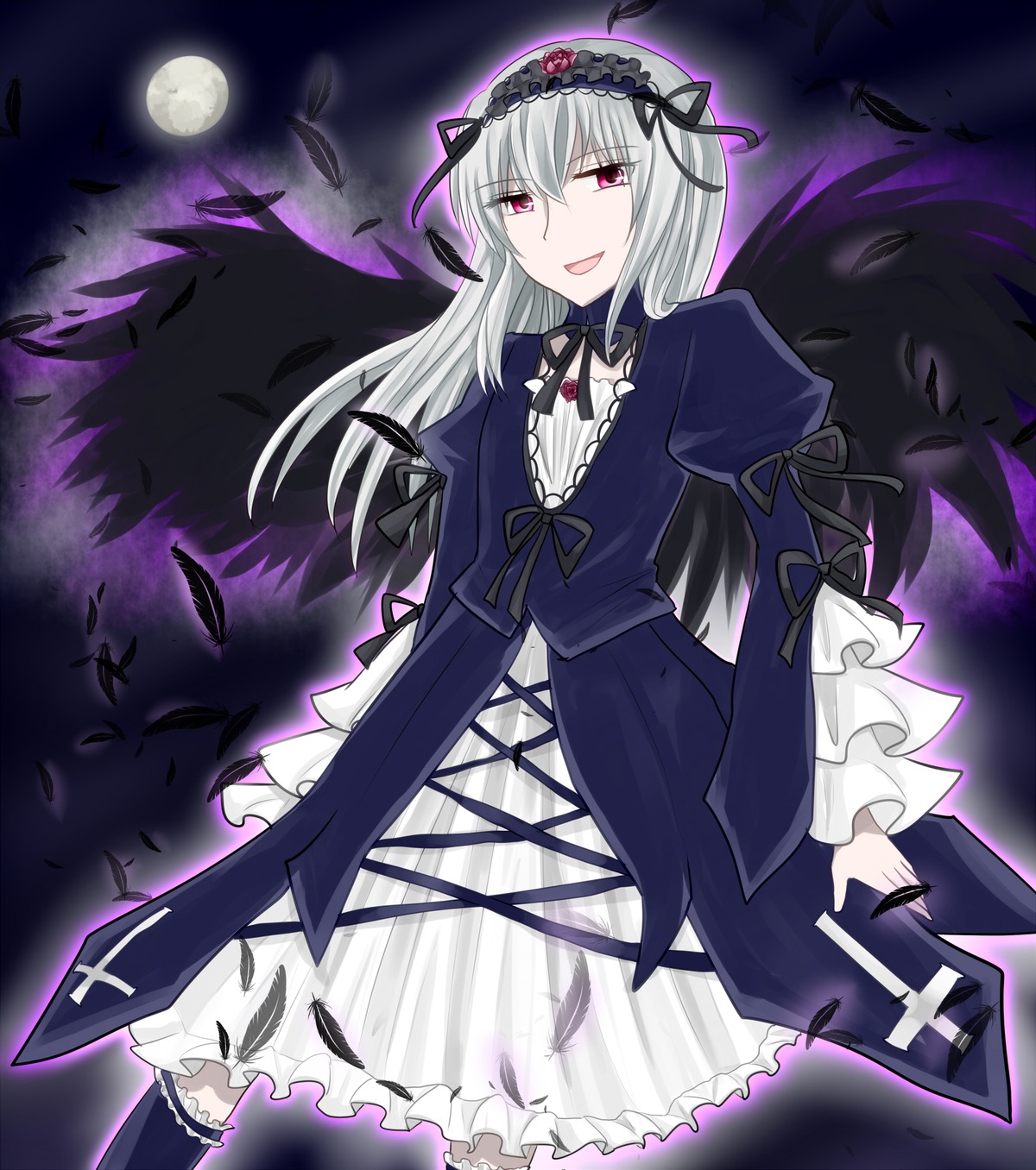 1girl black_wings dress feathers frills full_moon hairband image lolita_hairband long_hair long_sleeves looking_at_viewer moon night open_mouth pink_eyes silver_hair smile solo suigintou wings