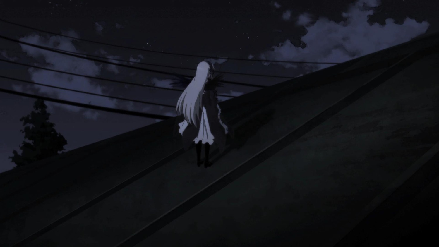 1girl auto_tagged dress image long_hair long_sleeves night outdoors sky solo standing suigintou very_long_hair wide_sleeves