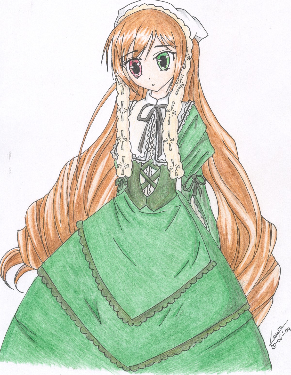 1girl artist_name brown_hair dress drill_hair frills green_dress green_eyes heterochromia image lolita_fashion long_hair long_sleeves looking_at_viewer red_eyes ribbon signature simple_background solo suiseiseki traditional_media twin_drills very_long_hair white_background