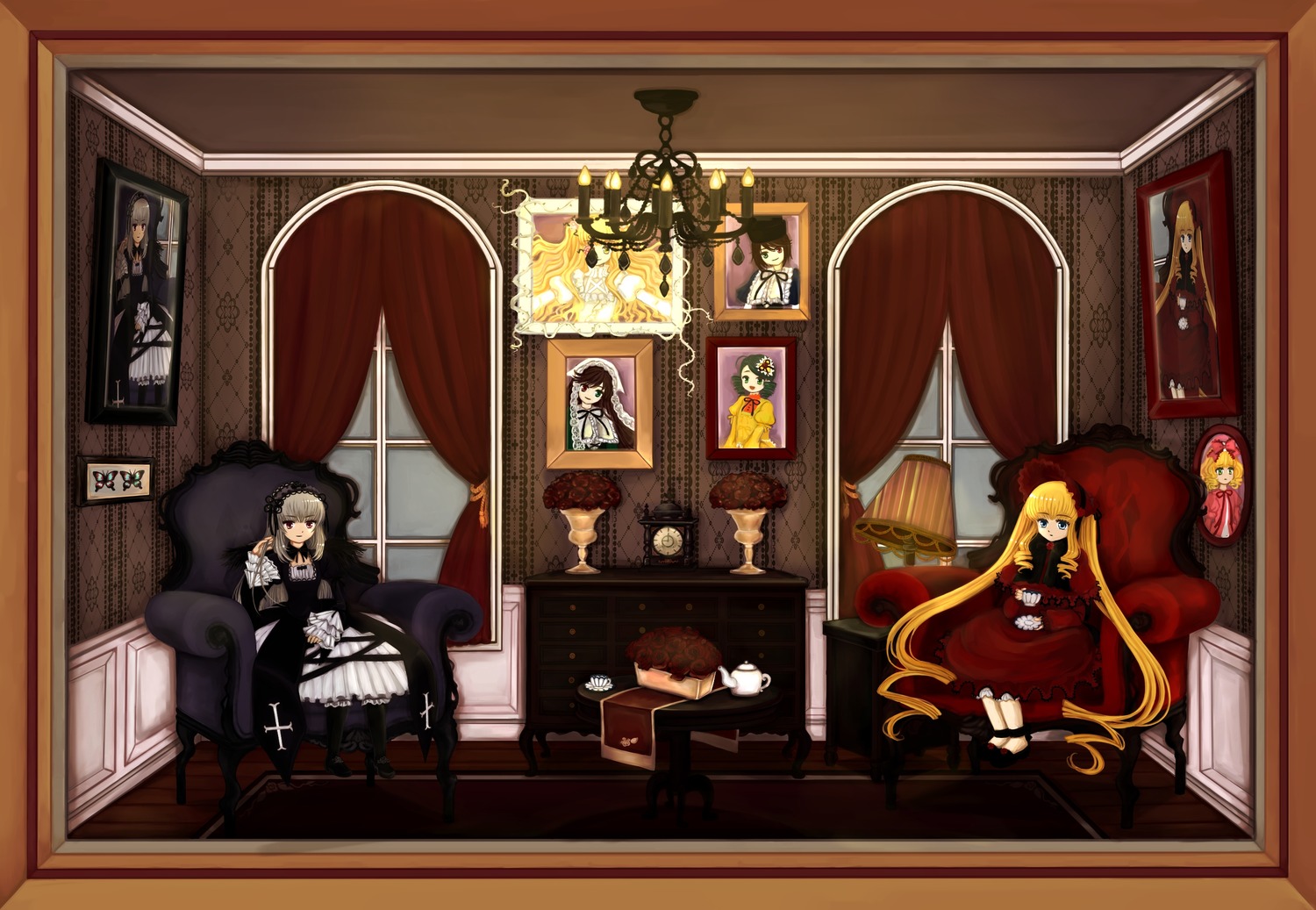 bangs black_hair blonde_hair chair cross curtains dress flower food frame gloves image indoors long_hair mirror multiple multiple_girls painting_(object) picture_(object) picture_frame rose sitting tagme