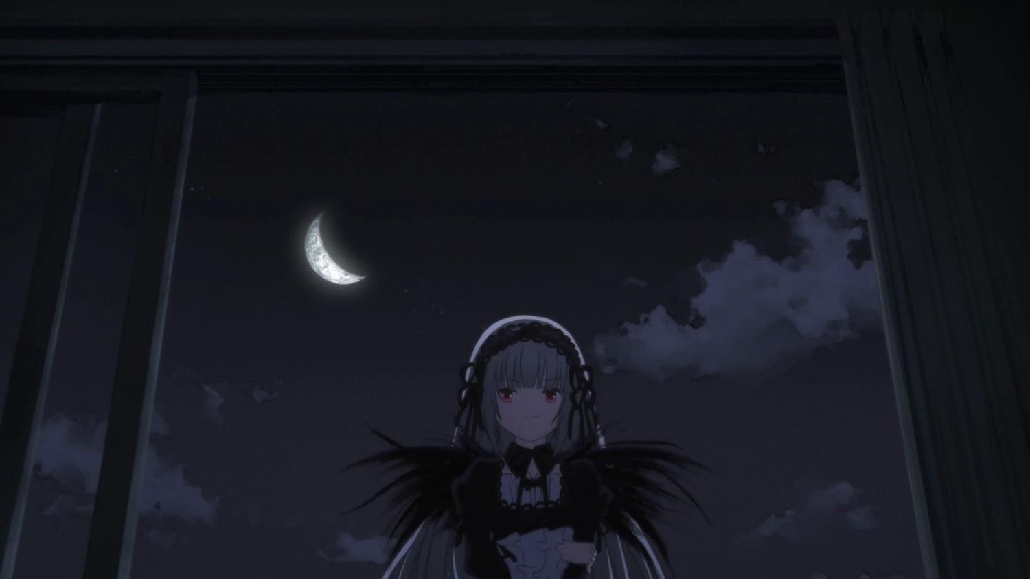 1girl closed_mouth cloud crescent_moon dress gothic_lolita hairband image long_hair looking_at_viewer moon night red_eyes sky solo suigintou wings