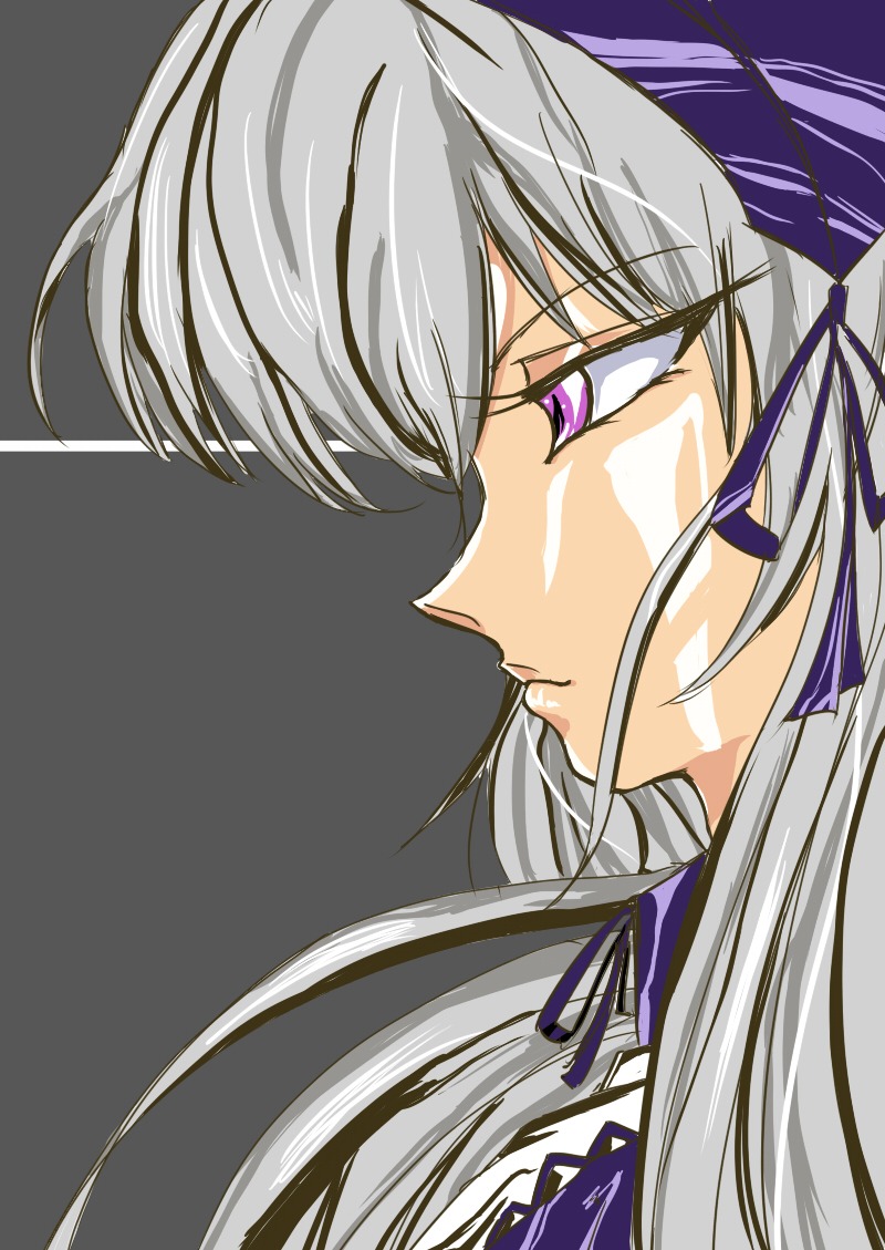1girl auto_tagged closed_mouth face from_side hair_ribbon image long_hair portrait profile purple_eyes ribbon silver_hair simple_background solo suigintou
