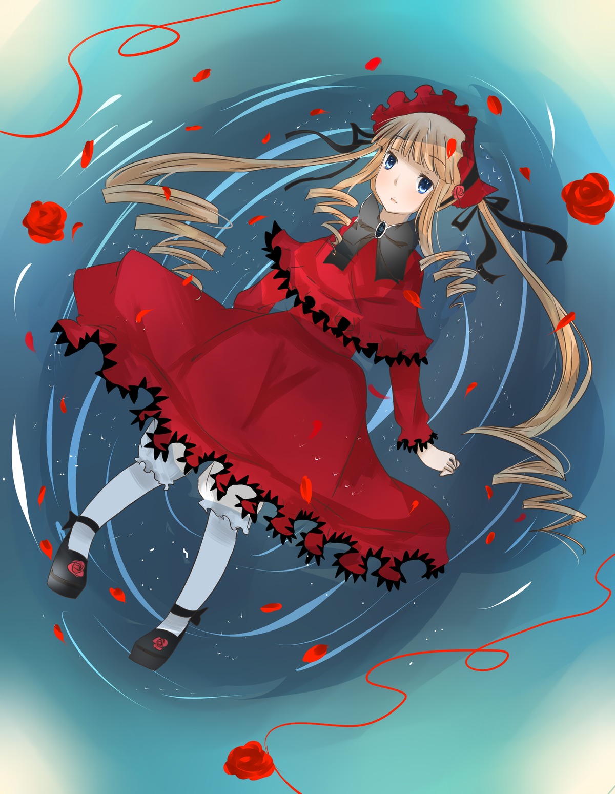 1girl blonde_hair blue_eyes bonnet dress drill_hair flower image long_hair long_sleeves petals red_dress red_flower red_rose rose rose_petals shinku shoes solo twin_drills twintails water