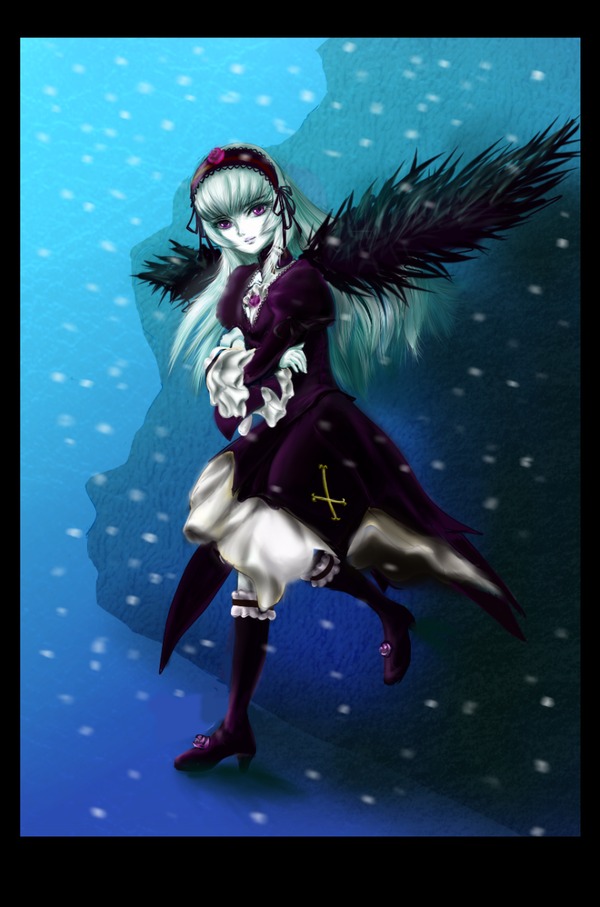 1girl auto_tagged black_border black_wings boots dress frills hairband image letterboxed long_hair long_sleeves looking_at_viewer pillarboxed puffy_sleeves silver_hair snow snowing solo suigintou wings