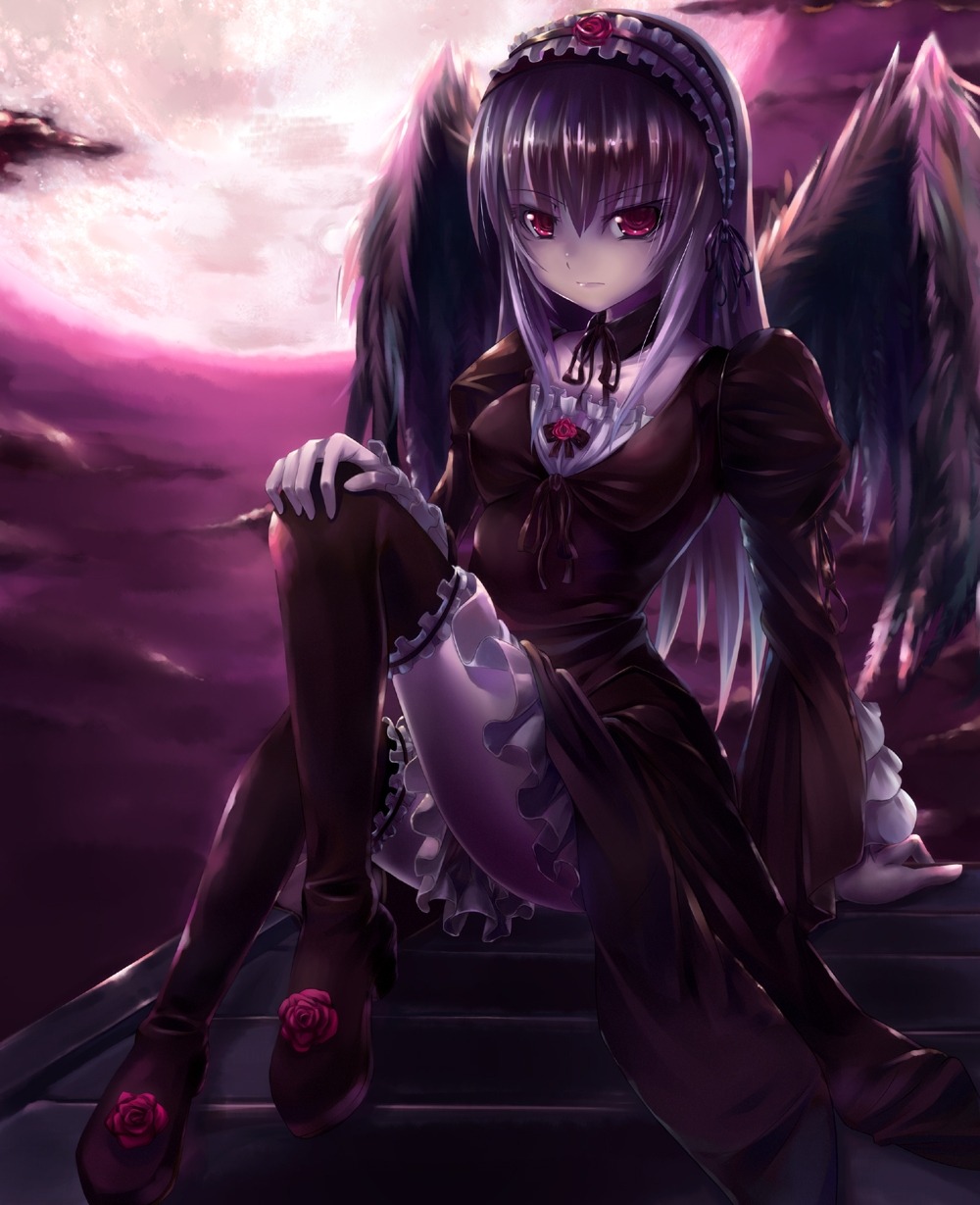 1girl black_wings dress feathers flower frills hairband image lolita_fashion lolita_hairband long_hair long_sleeves looking_at_viewer red_eyes red_flower red_rose rose silver_hair sitting solo suigintou thighhighs wings