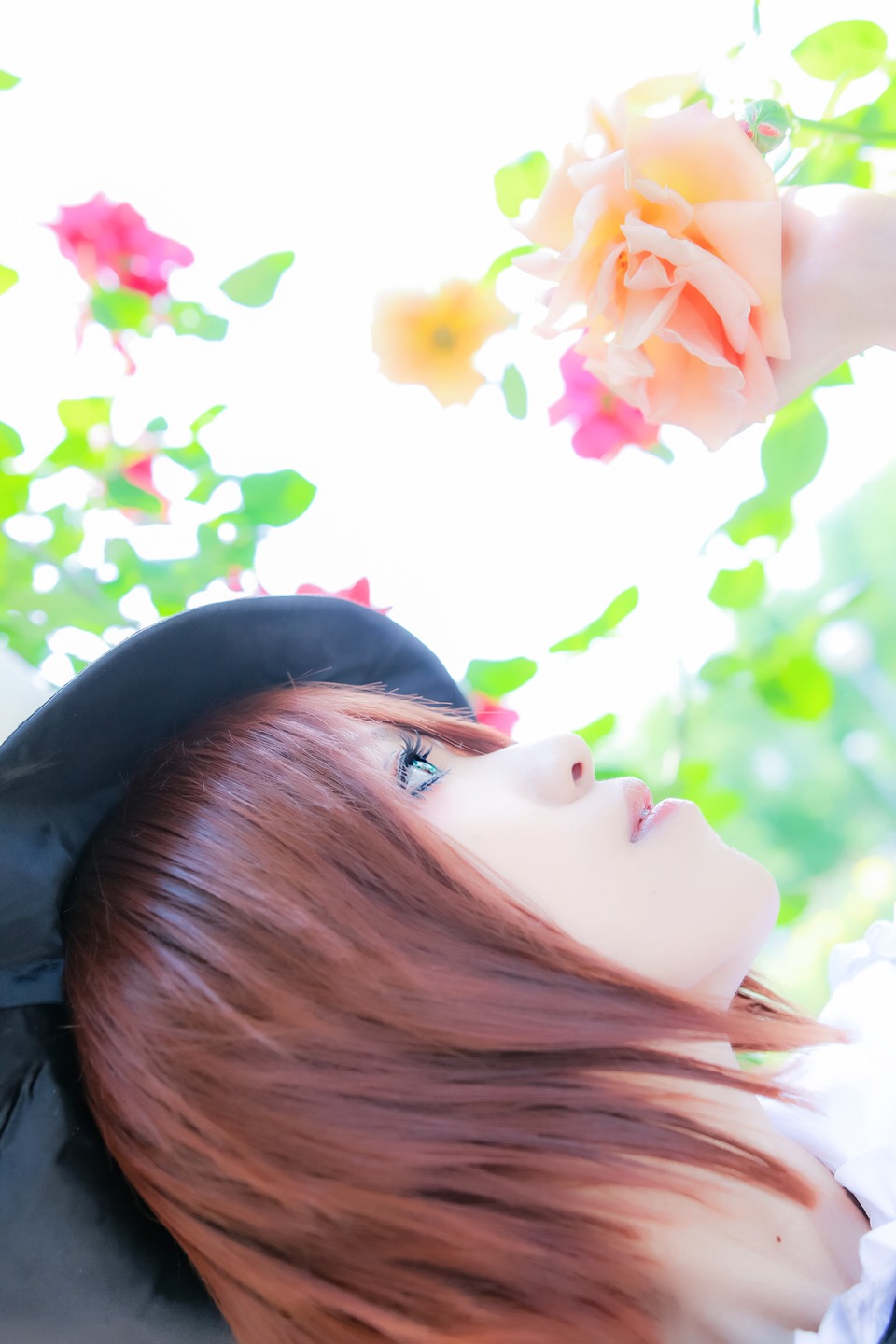 1girl bangs blue_eyes blurry brown_hair depth_of_field flower from_side hat lips profile solo souseiseki striped vertical_stripes