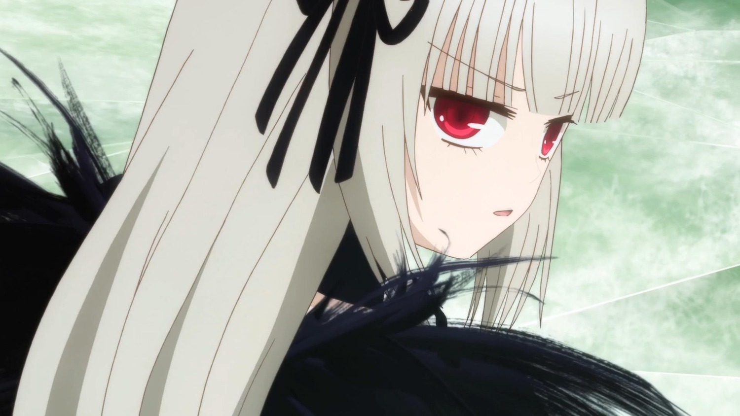 1girl bangs black_ribbon blush detached_collar dress eyebrows_visible_through_hair image long_hair looking_at_viewer outdoors red_eyes ribbon solo suigintou