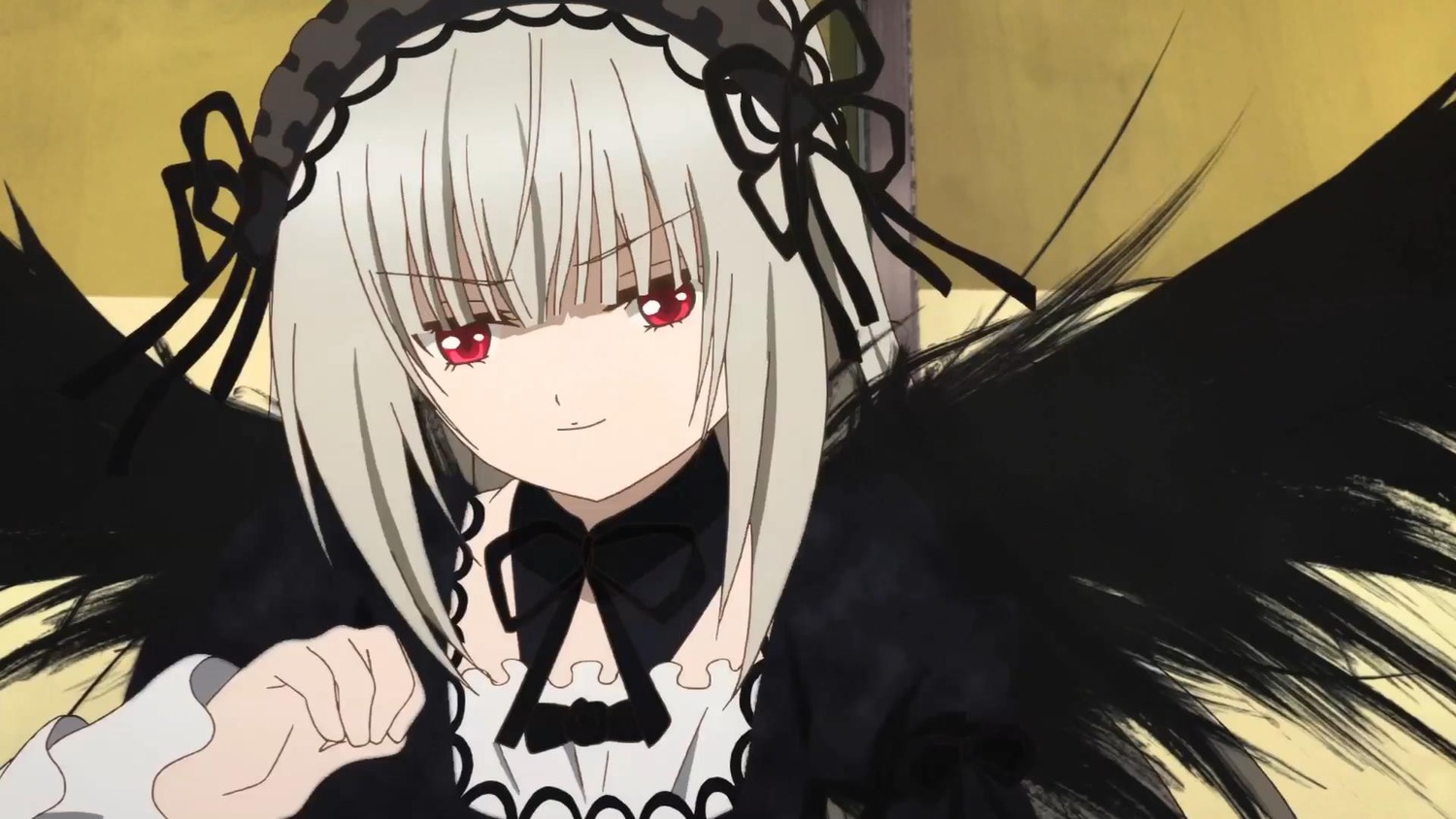 1girl bangs black_ribbon black_wings closed_mouth detached_collar dress eyebrows_visible_through_hair feathered_wings frills hairband image long_hair long_sleeves looking_at_viewer red_eyes ribbon silver_hair smile solo suigintou wings