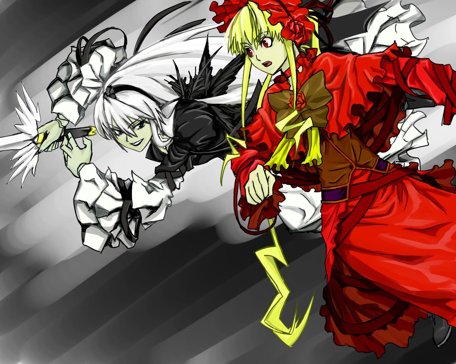 2girls blonde_hair bow dress frills image long_hair multiple_girls pair red_dress red_eyes shinku suigintou weapon wings