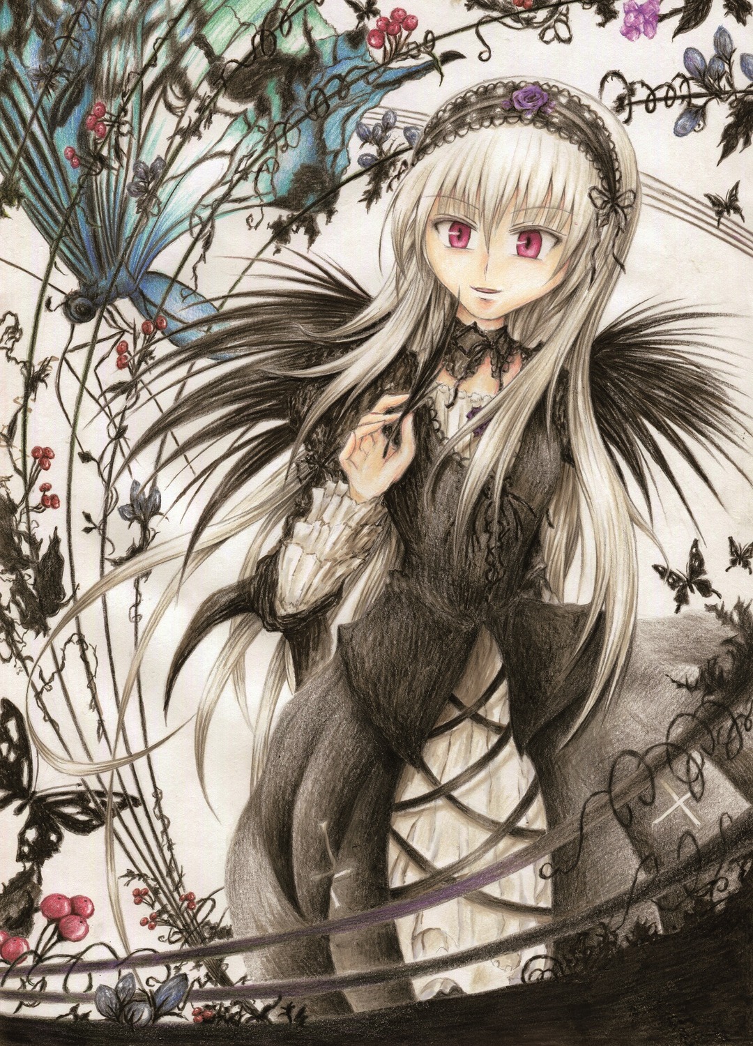 1girl black_dress bug butterfly dress flower frills hairband image insect long_hair long_sleeves looking_at_viewer pink_eyes red_eyes rose smile solo suigintou very_long_hair wings