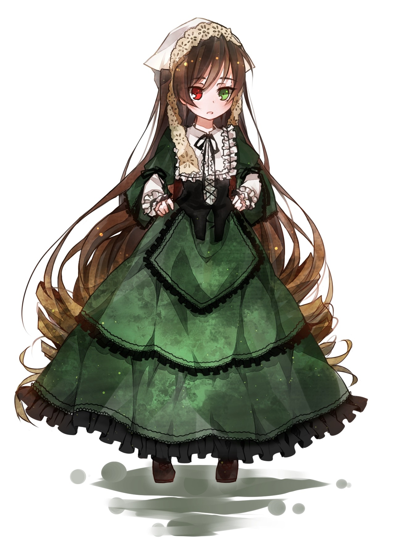 1girl black_ribbon bonnet brown_hair capelet commentary_request dress drill_hair frills full_body gothic_lolita green_dress green_eyes head_scarf heterochromia highres image lolita_fashion long_hair long_sleeves looking_at_viewer open_mouth red_eyes ribbon rozen_maiden solo standing suiseiseki toutenkou very_long_hair white_background