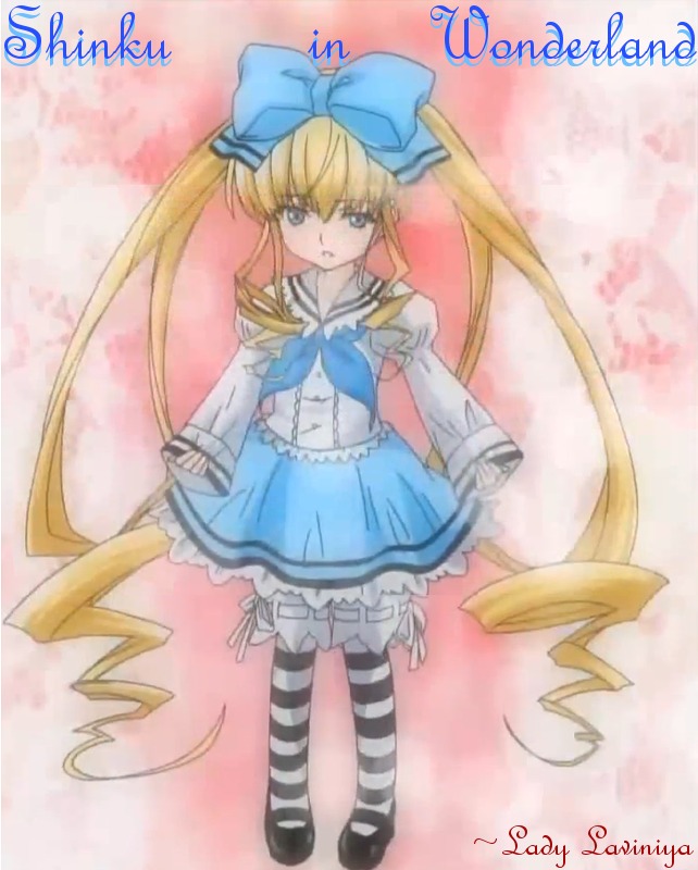 1girl artist_name blonde_hair blue_bow blue_eyes bow character_name dress drill_hair full_body hair_bow image long_hair long_sleeves shinku shoes solo standing striped striped_legwear twin_drills twintails very_long_hair