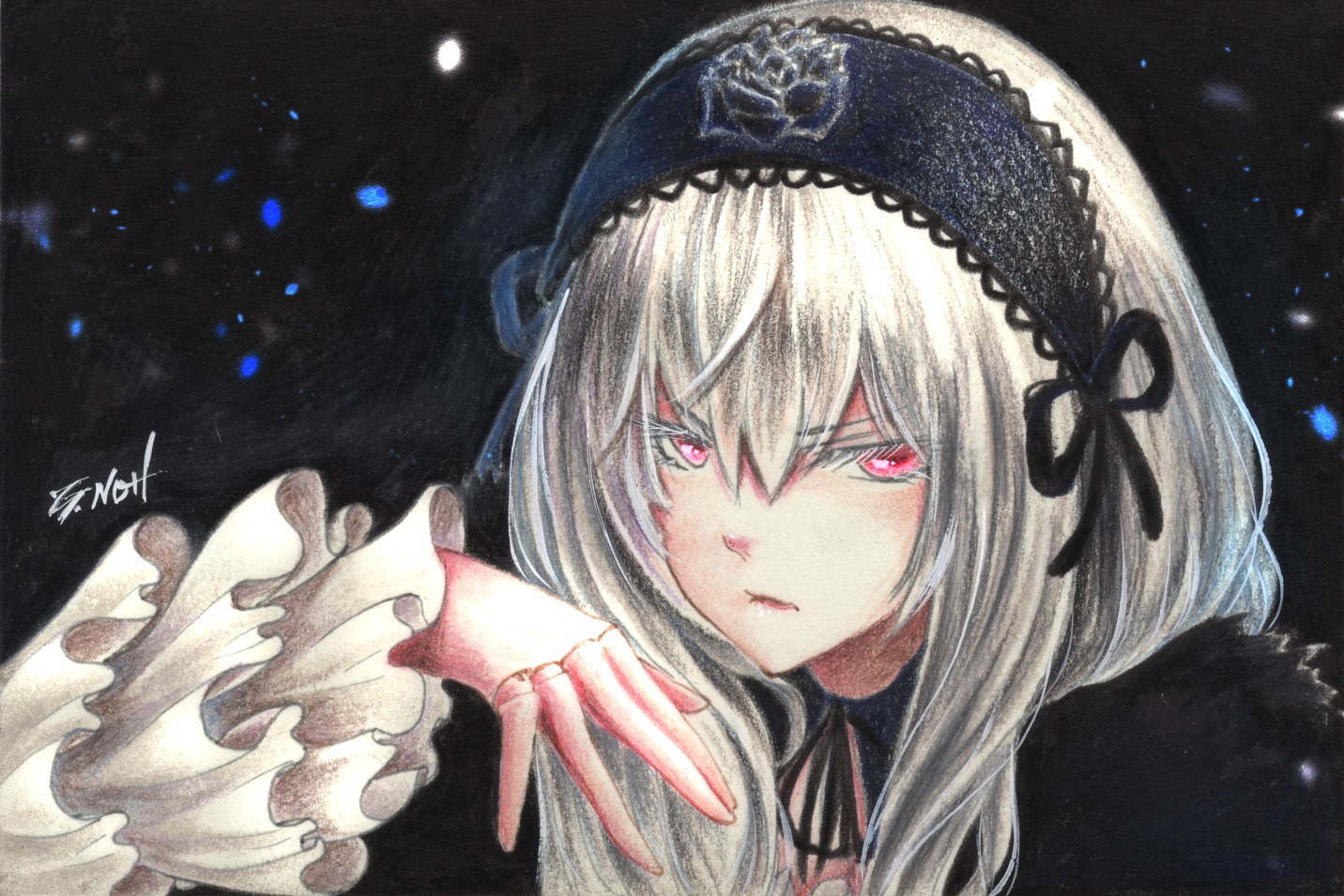 1girl bangs black_background black_dress black_ribbon closed_mouth dress eyebrows_visible_through_hair frilled_sleeves hair_between_eyes hairband image long_hair long_sleeves looking_at_viewer red_eyes ribbon signature silver_hair solo suigintou traditional_media