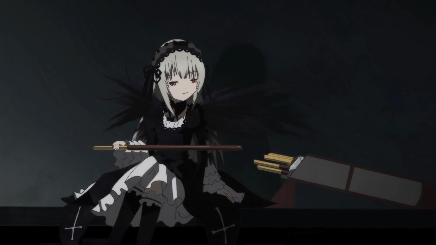 1girl black_background black_dress black_legwear closed_mouth cross dress frills gothic_lolita hairband holding holding_weapon image lolita_fashion long_hair long_sleeves looking_at_viewer one_eye_closed red_eyes ribbon silver_hair sitting solo suigintou weapon