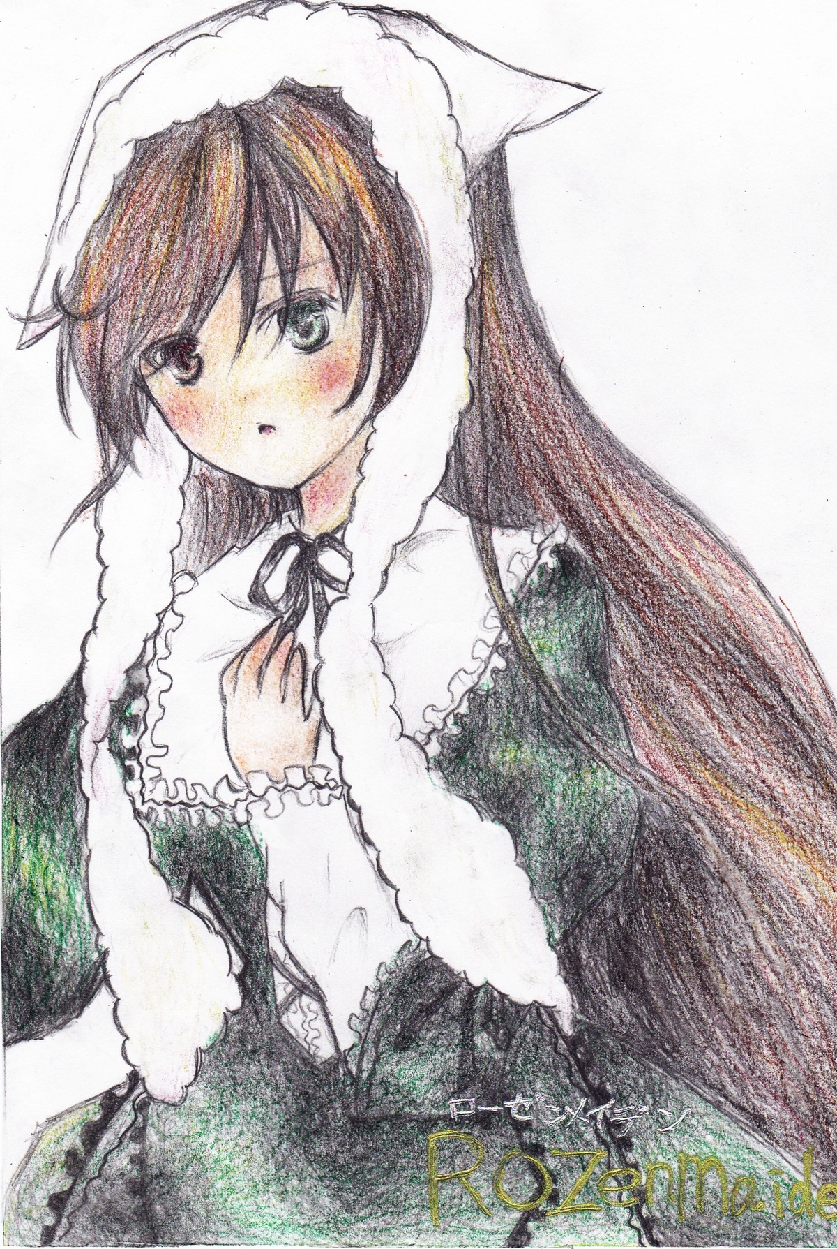 1girl black_ribbon blush brown_hair dress eyebrows_visible_through_hair frills fur_trim green_dress heterochromia image long_hair long_sleeves looking_at_viewer marker_(medium) ribbon simple_background solo suiseiseki traditional_media very_long_hair white_background