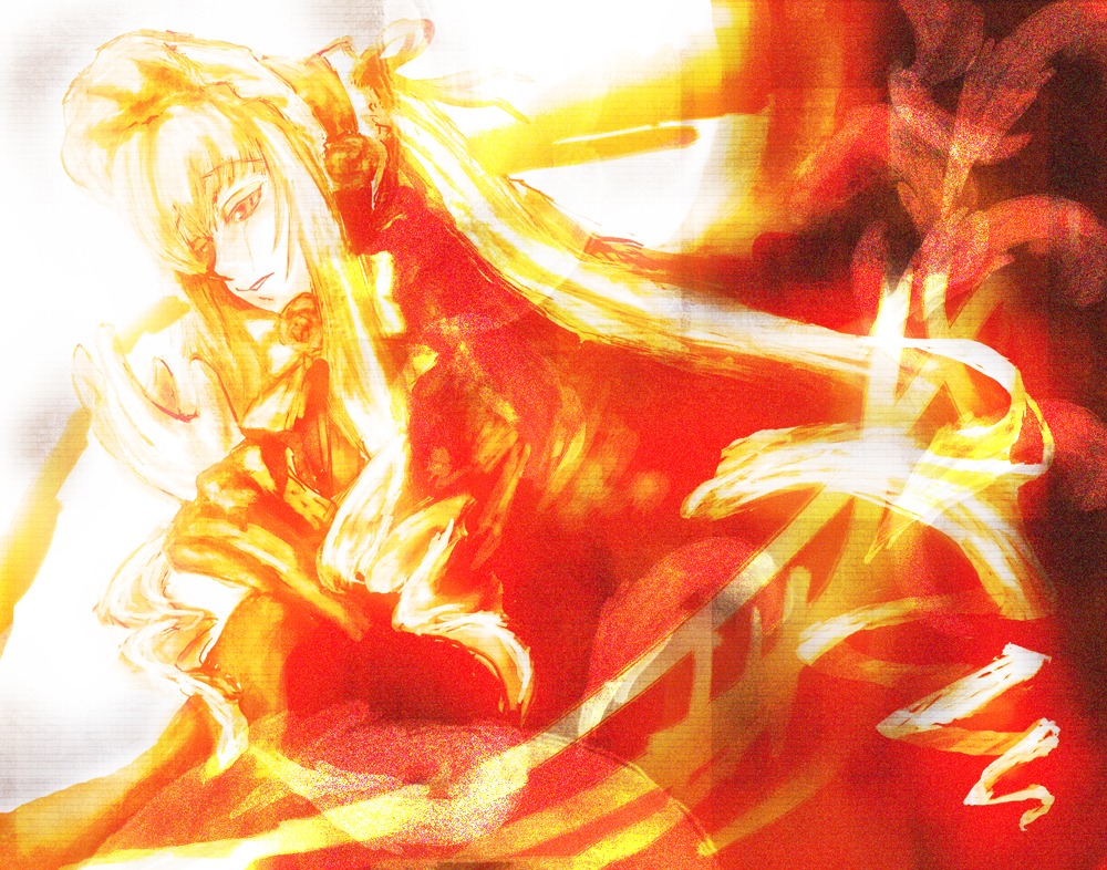 1girl blonde_hair dress flower image long_hair long_sleeves red_dress rose shinku solo suigintou very_long_hair