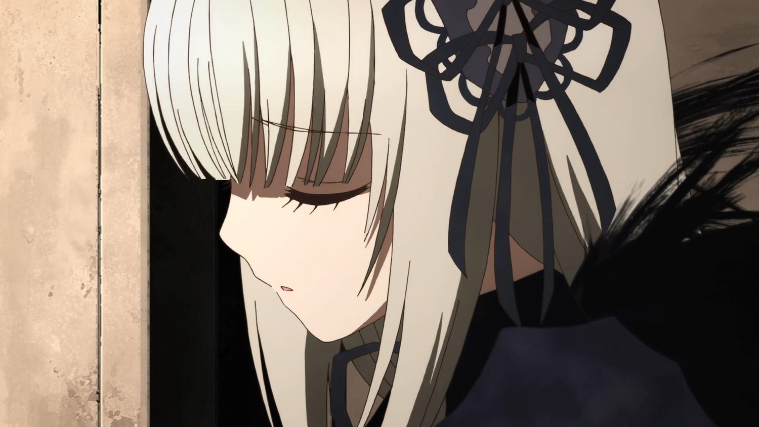 1girl bangs black_choker black_dress black_ribbon blush closed_eyes eyebrows_visible_through_hair from_side hair_ribbon image long_hair parted_lips portrait profile ribbon solo suigintou