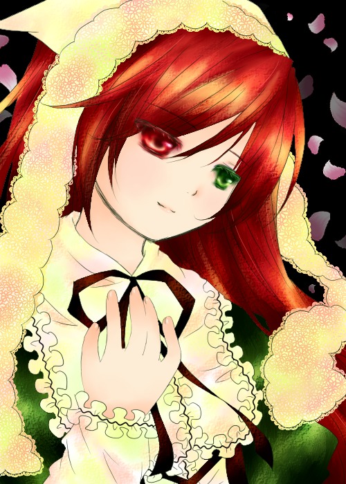 1girl dress frills green_dress green_eyes heterochromia image long_hair long_sleeves looking_at_viewer petals red_eyes solo suiseiseki upper_body