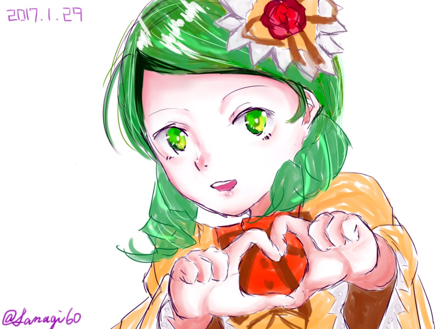 1girl blush braid flower food green_eyes green_hair hair_ornament holding_food image kanaria long_sleeves open_mouth red_flower red_rose rose smile solo striped twitter_username upper_body white_background
