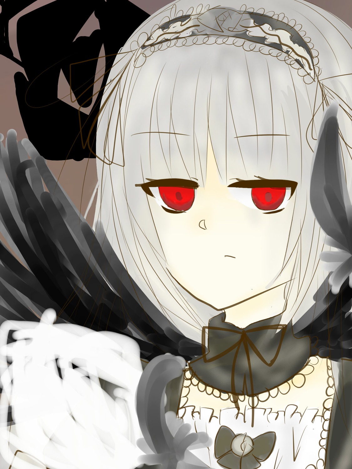 1girl bangs black_bow black_dress black_ribbon bow closed_mouth detached_collar dress eyebrows_visible_through_hair face frills gothic_lolita hairband image lolita_fashion lolita_hairband long_hair looking_at_viewer red_eyes ribbon silver_hair solo suigintou