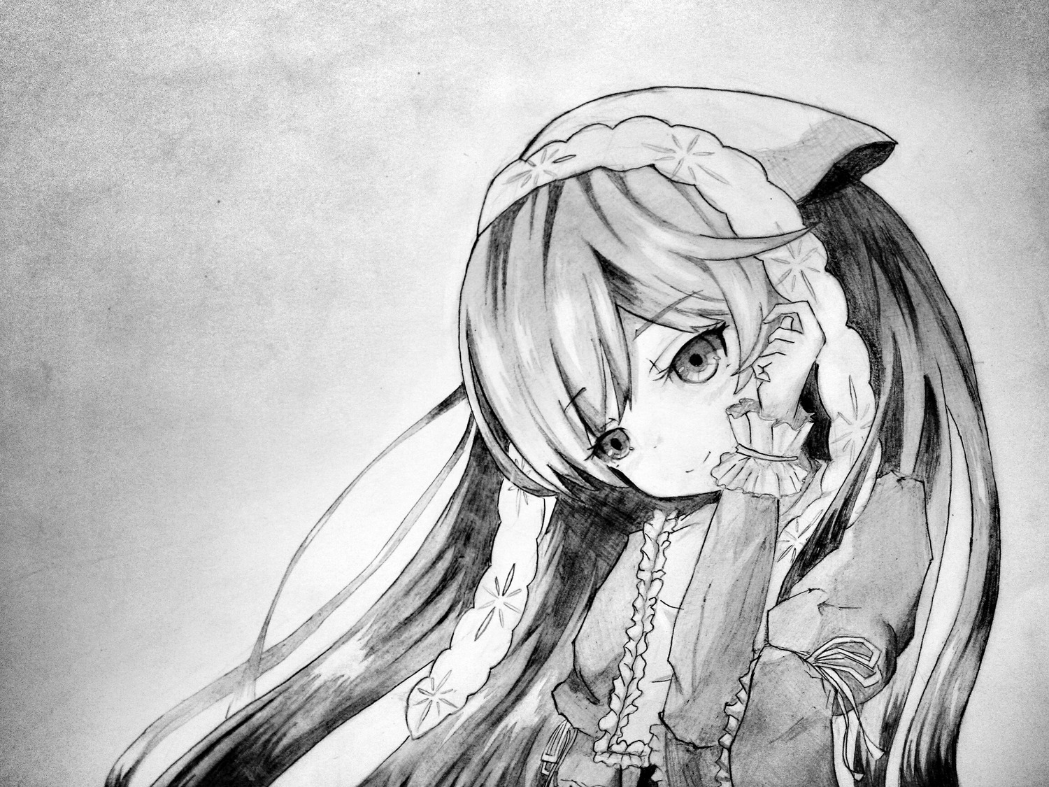 1girl braid closed_mouth dress eyebrows_visible_through_hair frills greyscale hat image juliet_sleeves long_hair long_sleeves looking_at_viewer monochrome smile solo suiseiseki traditional_media upper_body
