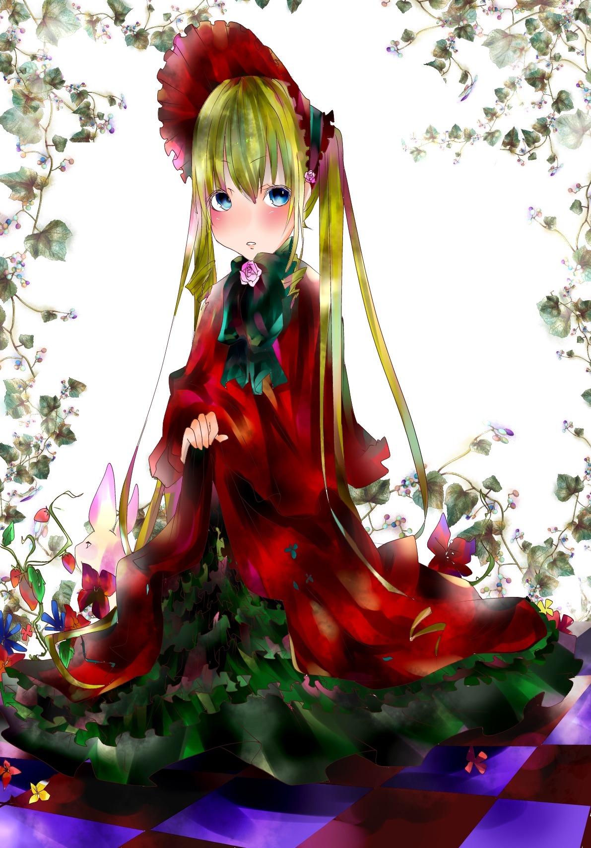 1girl argyle argyle_background blonde_hair blue_eyes blush bonnet bow bowtie checkered checkered_background checkered_floor dress flower image long_hair looking_at_viewer pantyhose red_dress rose shinku sitting solo tile_floor tiles twintails
