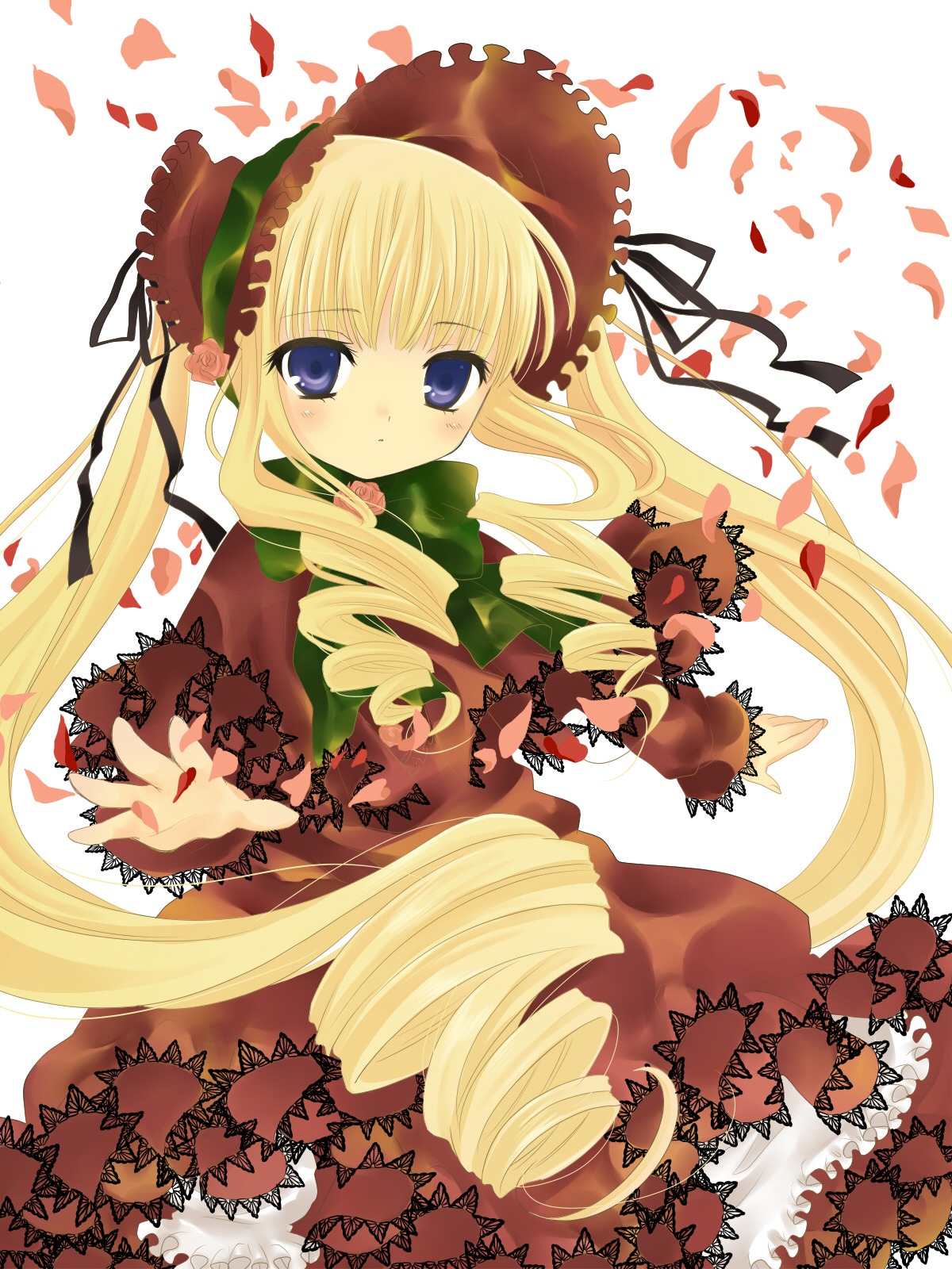 1girl autumn_leaves blonde_hair blue_eyes blush bonnet bow commentary_request dress drill_hair green_bow hanabana_tsubomi highres image leaf long_hair long_sleeves looking_at_viewer petals red_dress rose_petals rozen_maiden shinku solo twintails very_long_hair