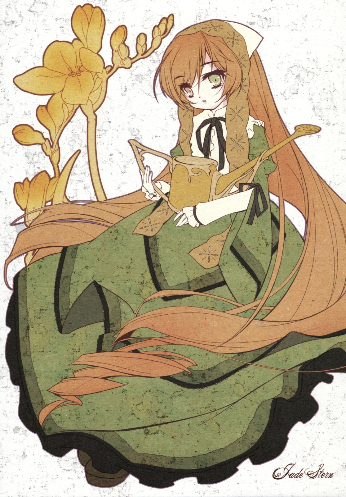 1girl black_ribbon brown_hair dress drill_hair flower frills green_dress green_eyes hairband head_scarf heterochromia highres image long_hair long_sleeves looking_at_viewer ribbon room603 rozen_maiden solo suiseiseki twintails very_long_hair watering_can
