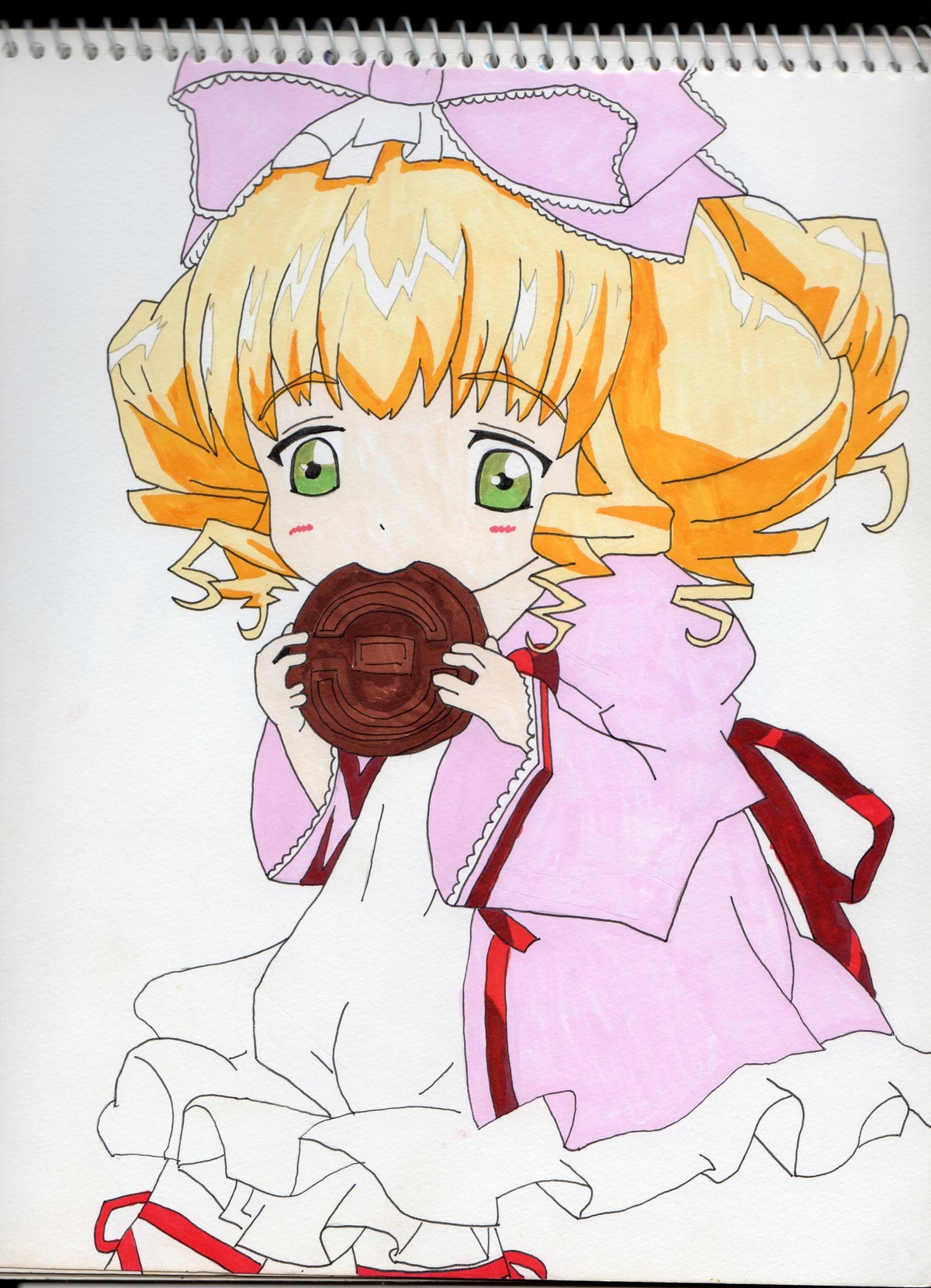 1girl blonde_hair blush_stickers bow chocolate dress drill_hair eating food food_on_face frills green_eyes hina_ichigo hinaichigo image long_sleeves pink_bow pink_dress ribbon short_hair solo traditional_media wide_sleeves