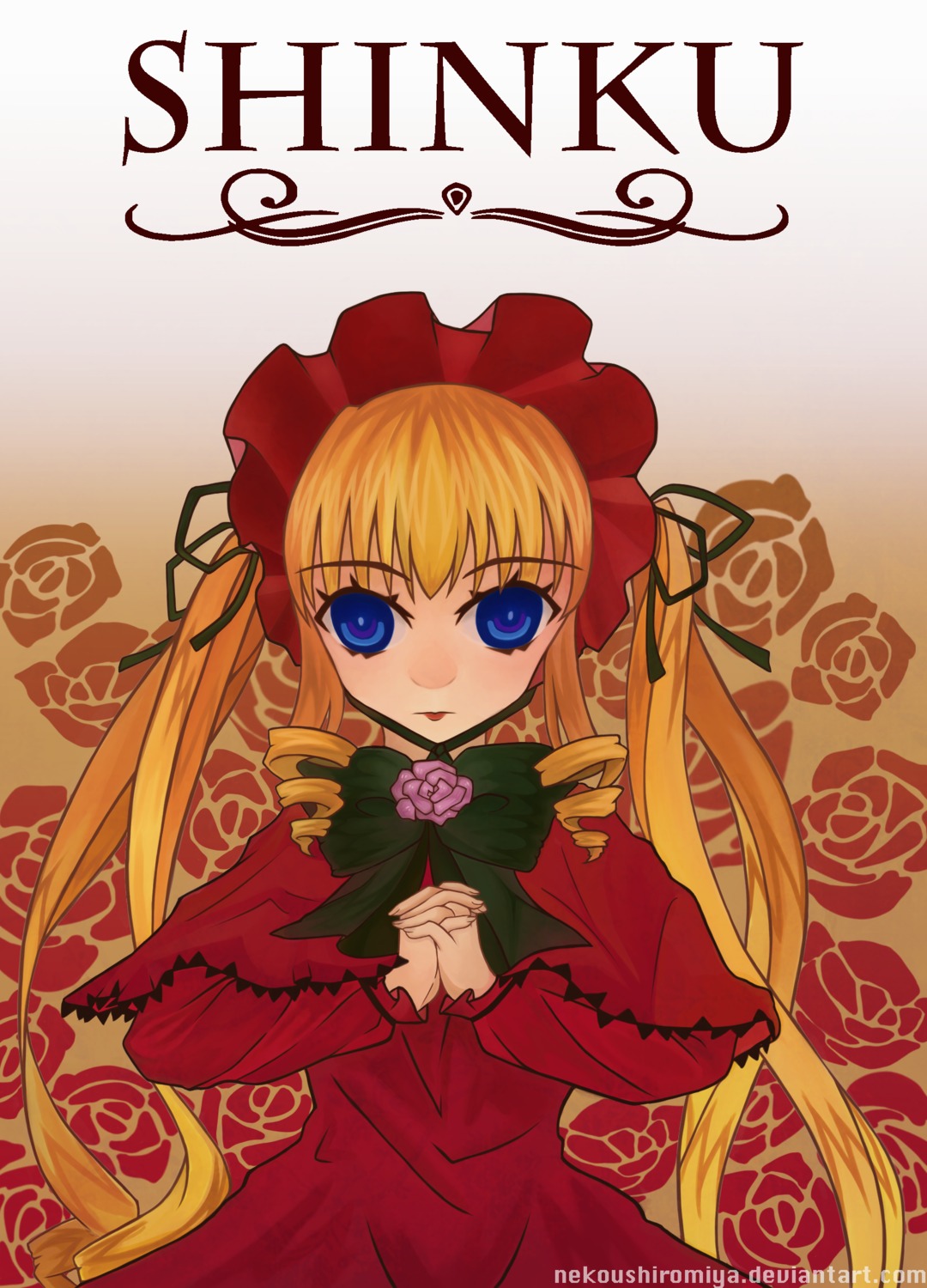 1girl blonde_hair blue_eyes bonnet bow bowtie capelet dress drill_hair flower green_bow image long_hair long_sleeves looking_at_viewer pink_rose red_capelet red_dress rose shinku solo twintails very_long_hair