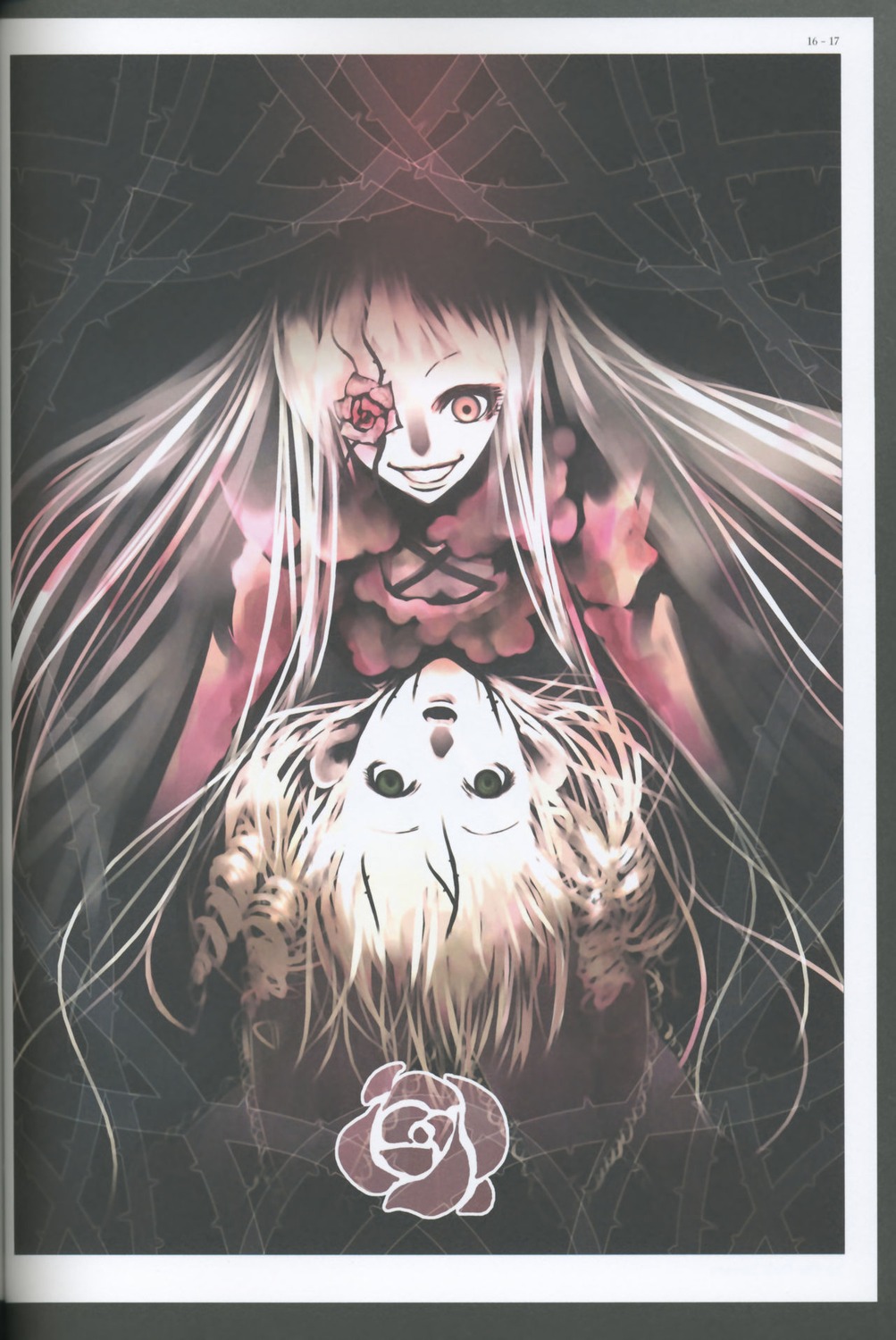 1girl flower grin image kirakishou long_hair looking_at_viewer pale_skin red_eyes smile solo teeth