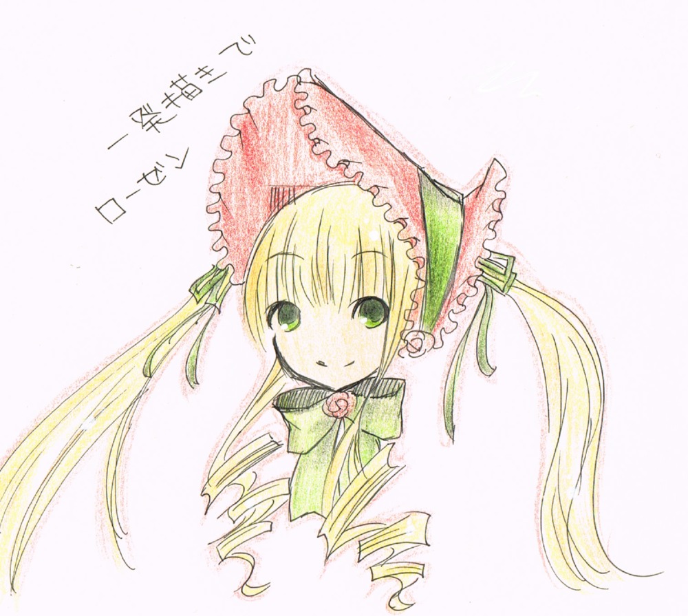 1girl blonde_hair bonnet bow bowtie green_eyes image long_hair looking_at_viewer shinku simple_background solo striped white_background