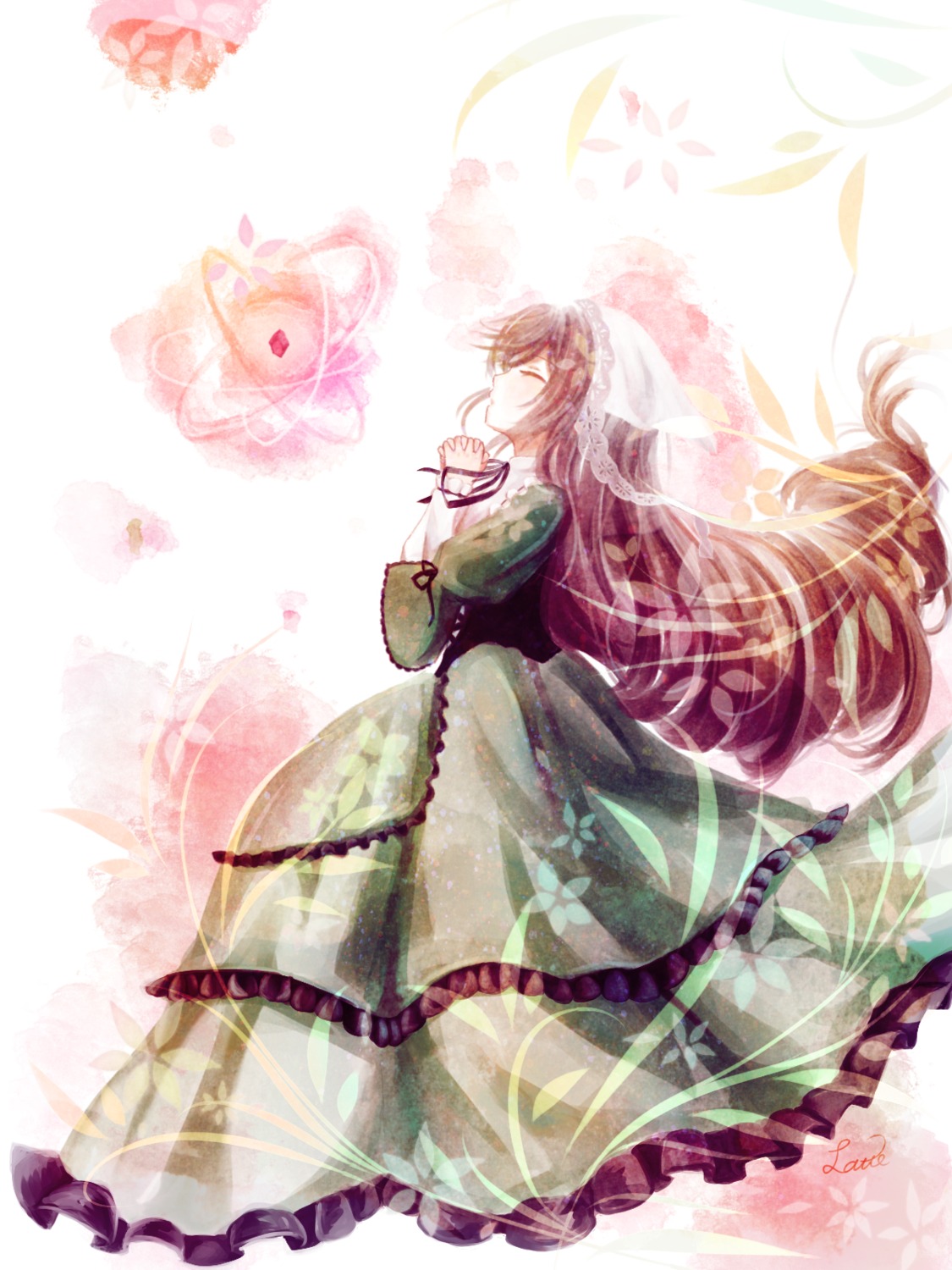 1girl brown_hair closed_eyes dress flower frills image long_hair long_sleeves profile solo suiseiseki veil very_long_hair wide_sleeves