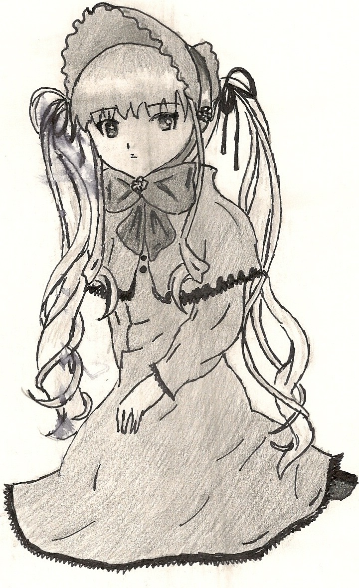 1girl bonnet bow bowtie dress image long_hair long_sleeves looking_at_viewer monochrome shinku simple_background solo twintails very_long_hair white_background
