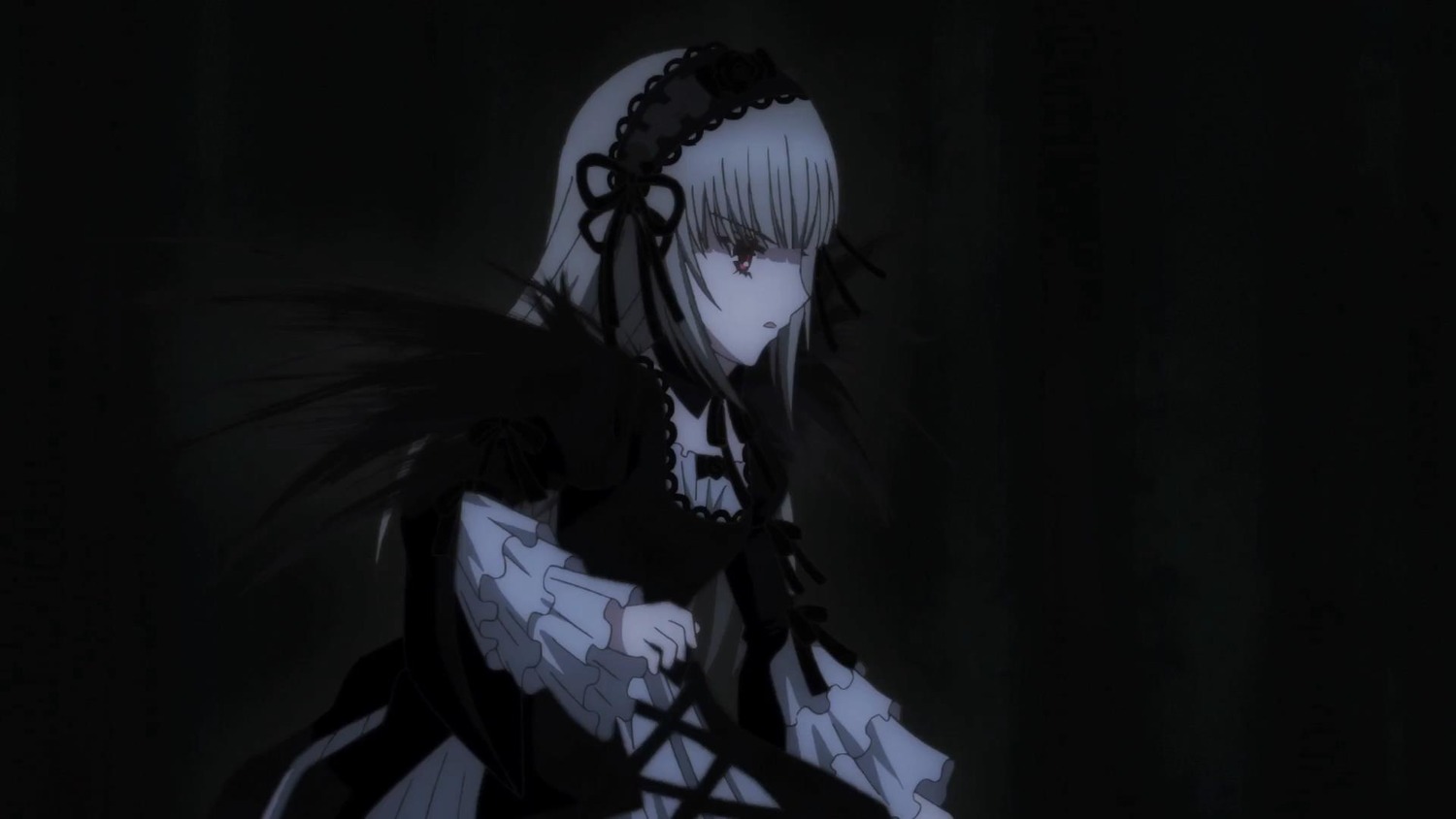 1girl black_ribbon black_wings dress frilled_sleeves frills hairband image long_hair long_sleeves red_eyes ribbon silver_hair simple_background solo suigintou wings