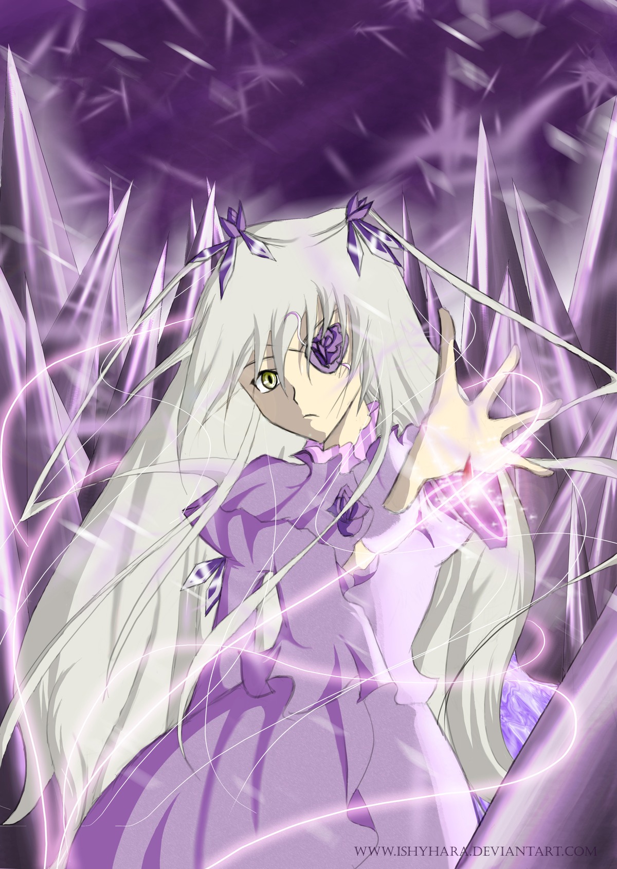 1girl barasuishou copyright_name dress frown hair_ribbon image long_hair long_sleeves looking_at_viewer magic outstretched_arm ribbon serious silver_hair solo very_long_hair weapon yellow_eyes