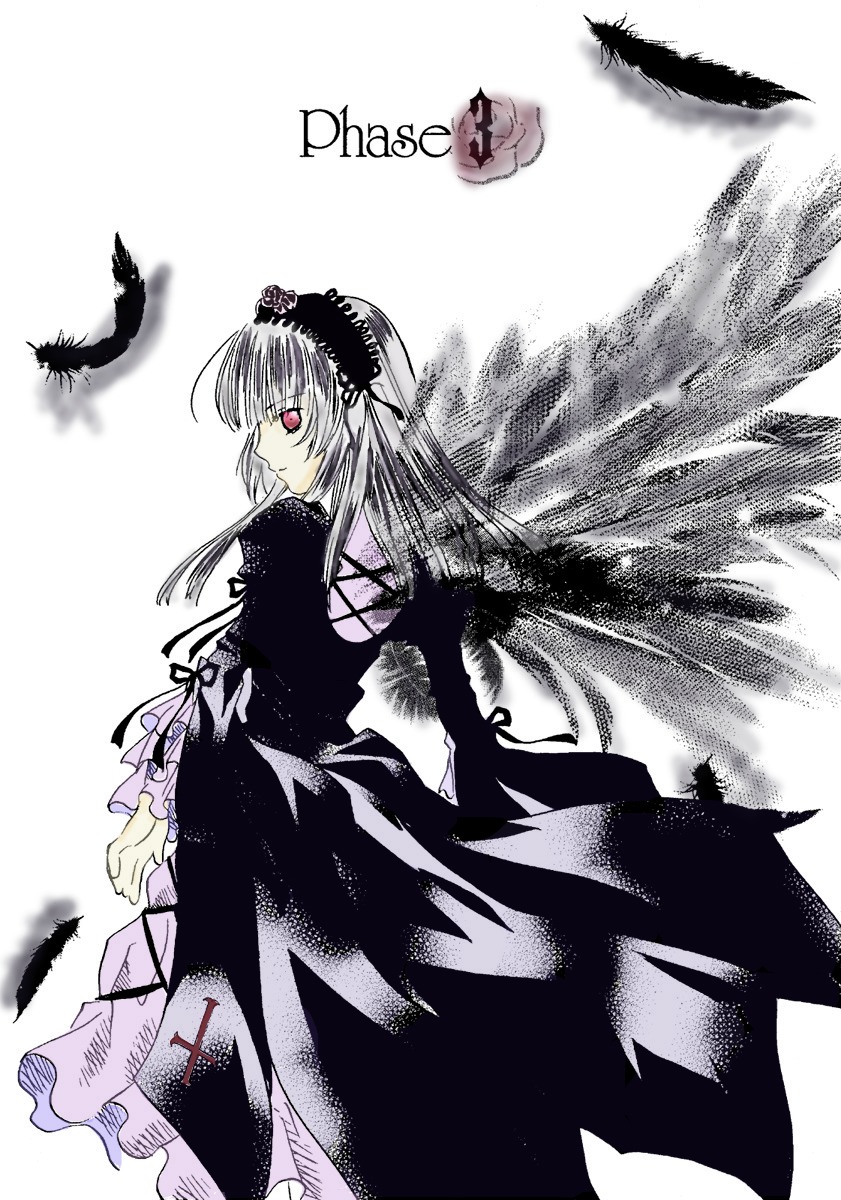 1girl bird black_feathers black_wings dress feathers flower frills hairband image long_hair long_sleeves looking_at_viewer rose silver_hair simple_background solo standing suigintou white_background wings