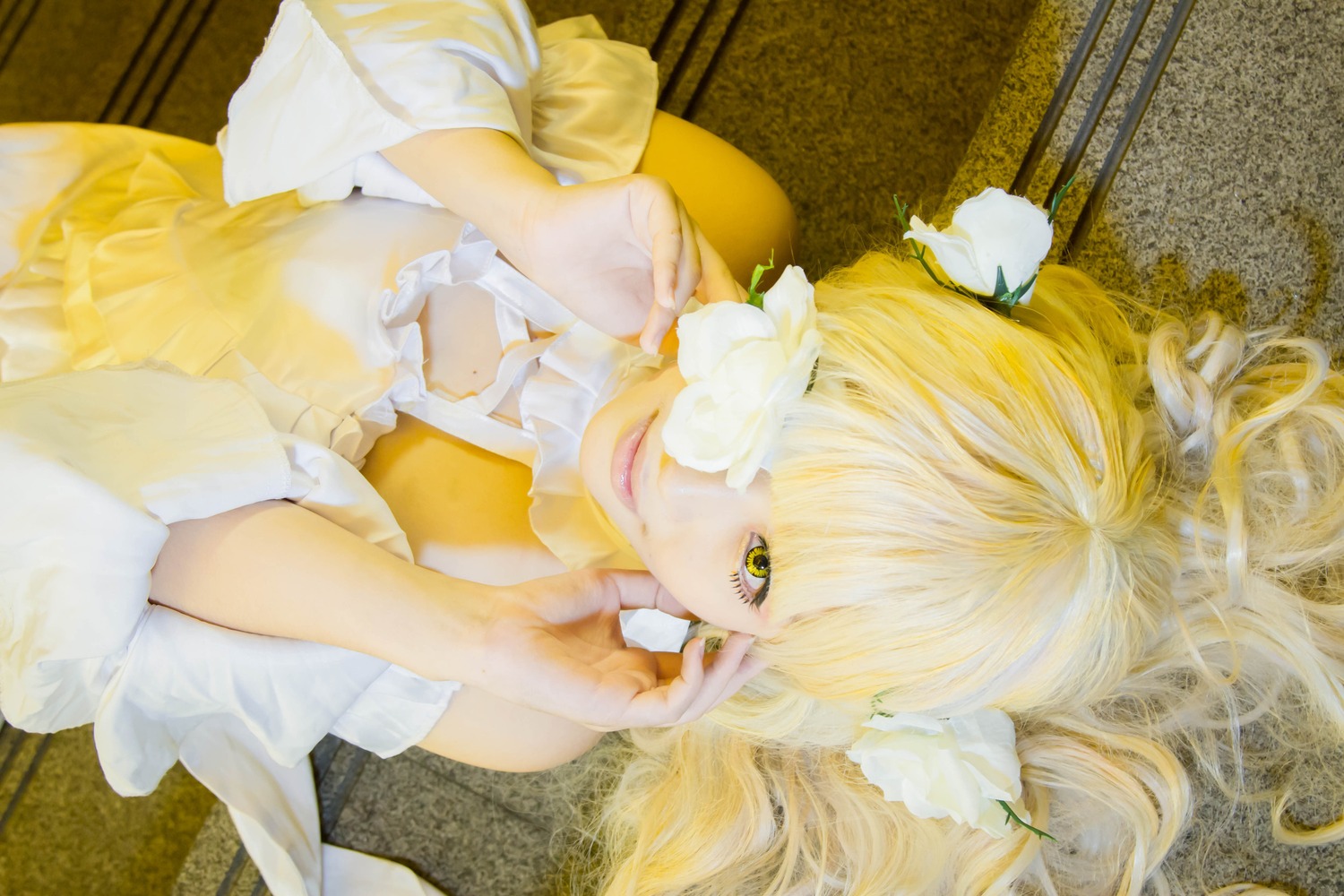 1girl blonde_hair dress flower kirakishou lips long_hair solo yellow_eyes yellow_theme