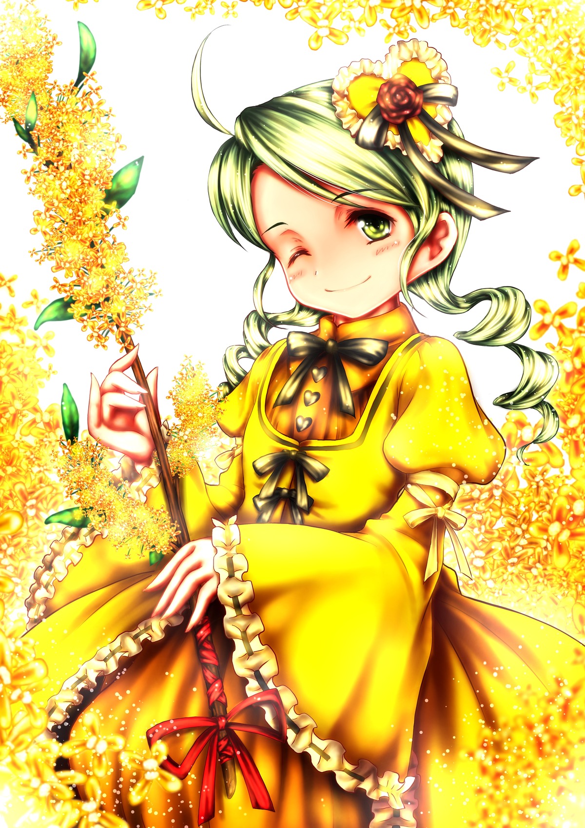 1girl ahoge auto_tagged dress drill_hair flower frills green_eyes green_hair hair_flower hair_ornament image kanaria one_eye_closed ribbon smile solo