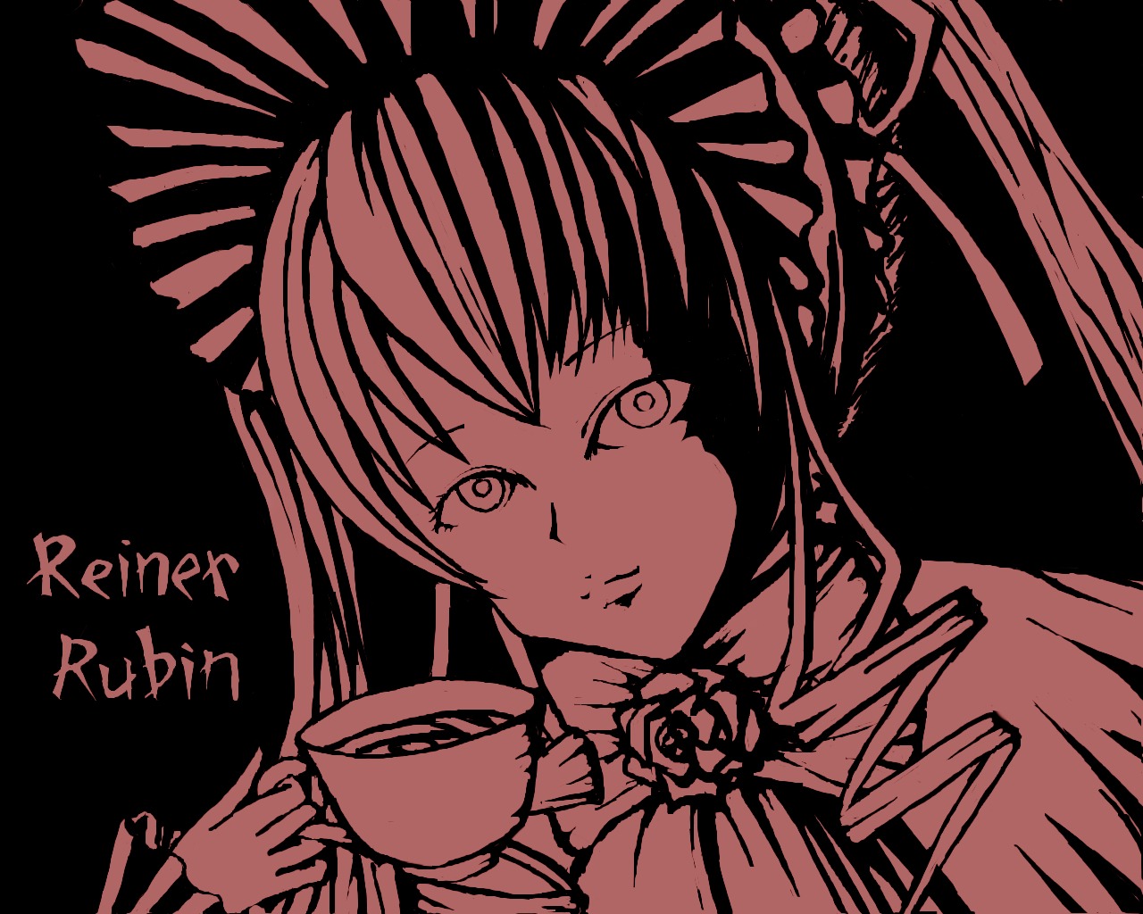 1girl cup flower image long_hair monochrome rose shinku simple_background solo tea teacup