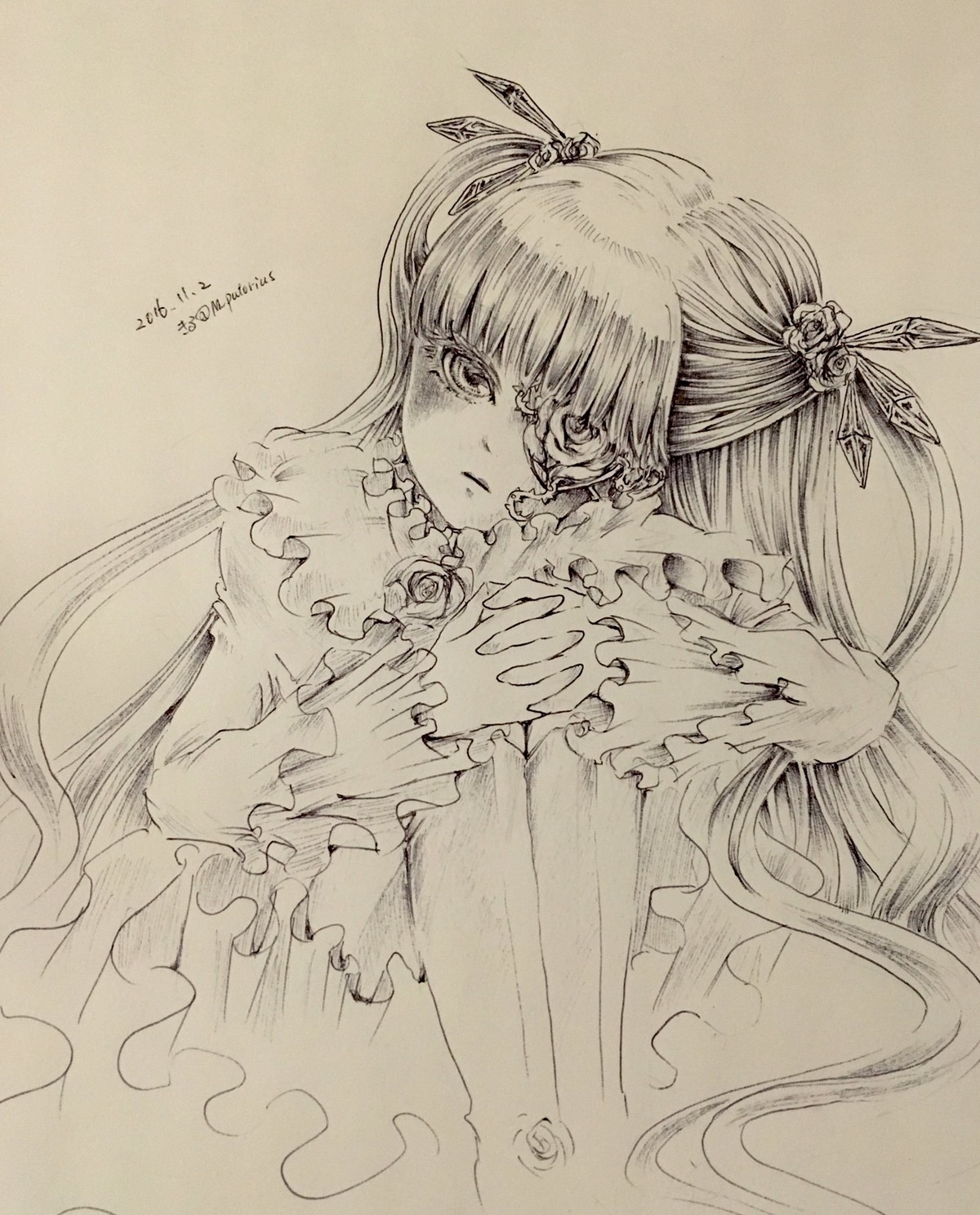 1girl barasuishou dress frills hair_ornament image long_hair long_sleeves looking_at_viewer monochrome own_hands_together solo traditional_media twintails very_long_hair