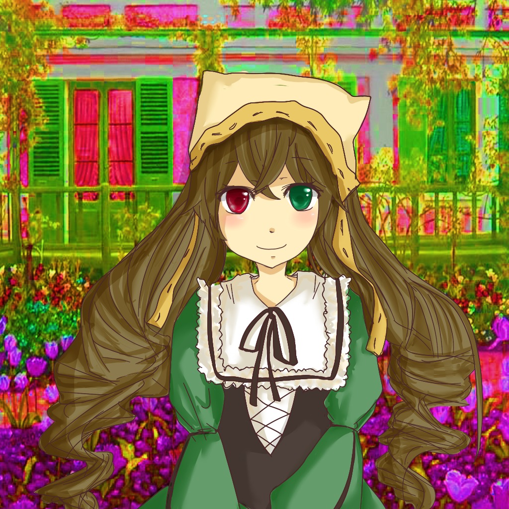 1girl brown_hair dress drill_hair flower green_dress green_eyes head_scarf heterochromia image long_hair long_sleeves looking_at_viewer outdoors plant red_eyes ribbon smile solo suiseiseki very_long_hair watering_can