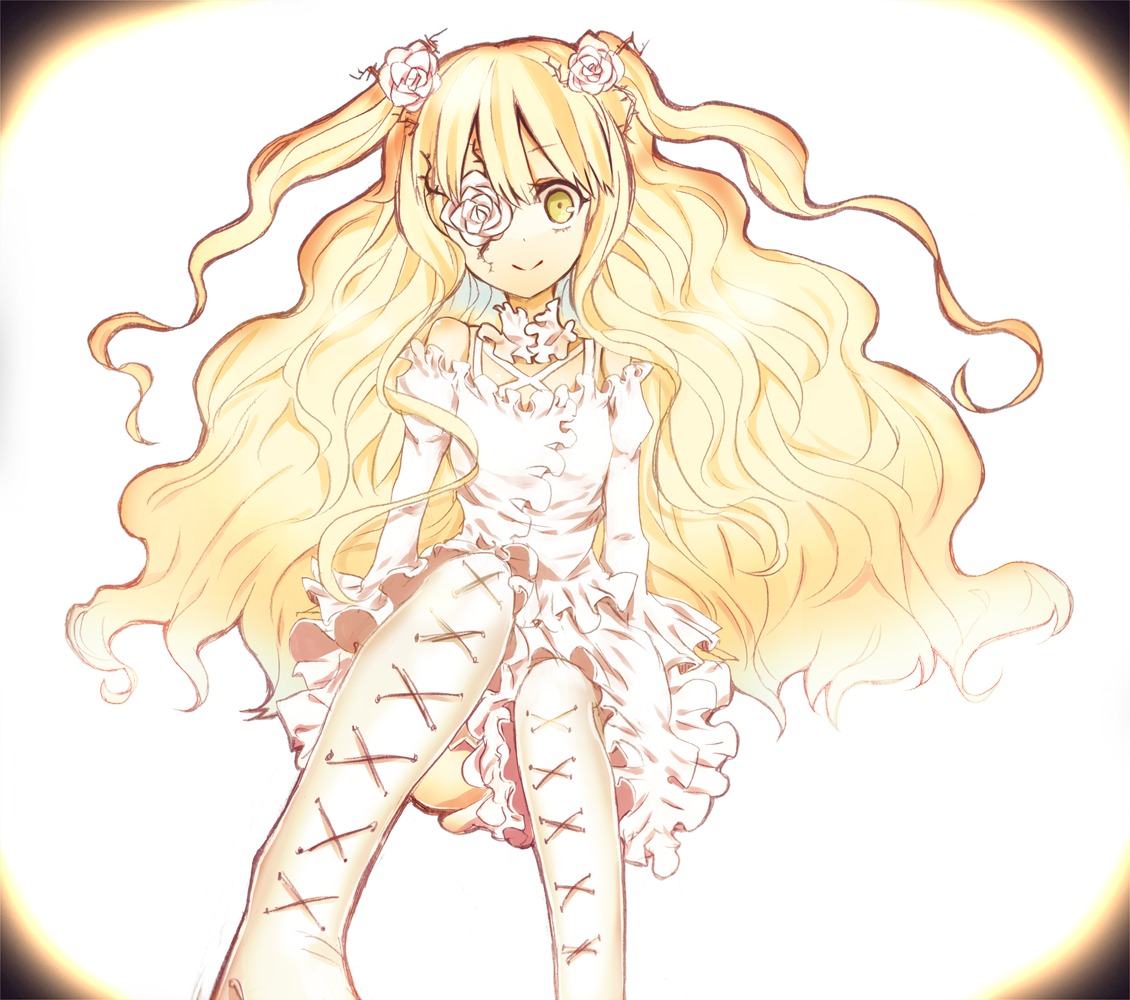 1girl blonde_hair doll_joints dress eyepatch flower full_moon hair_flower hair_ornament image kirakishou long_hair moon rose smile solo thighhighs two_side_up very_long_hair white_flower white_rose yellow_eyes