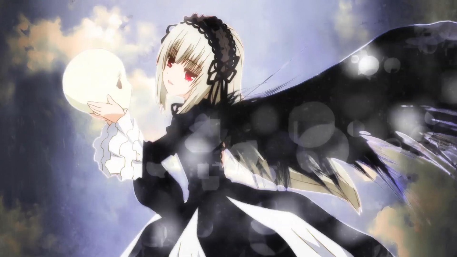 1girl bangs black_dress black_ribbon cloud cloudy_sky dress frilled_sleeves frills hairband image long_sleeves looking_at_viewer red_eyes ribbon silver_hair solo suigintou wings