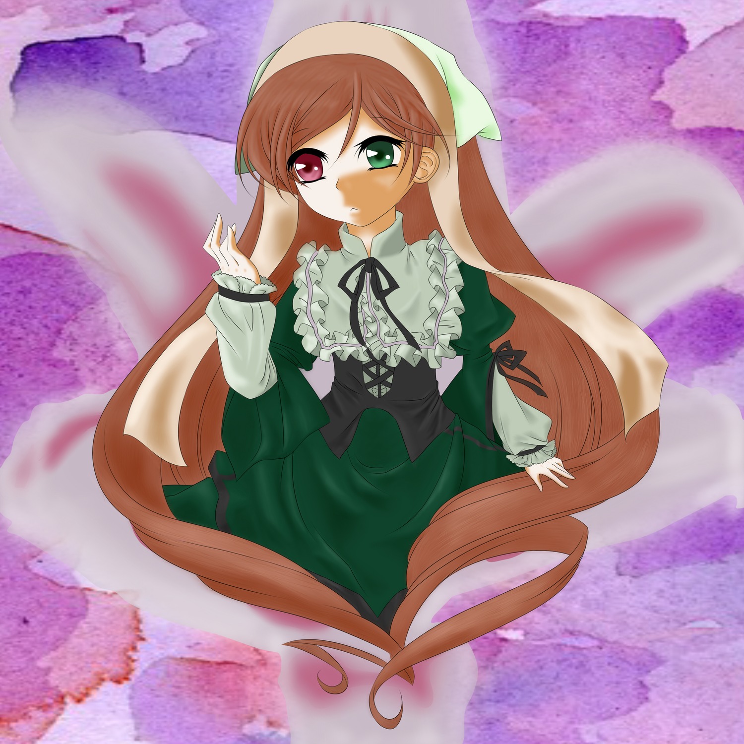 1girl brown_hair dress frills green_dress green_eyes head_scarf heterochromia image long_hair long_sleeves looking_at_viewer red_eyes sitting solo suiseiseki very_long_hair