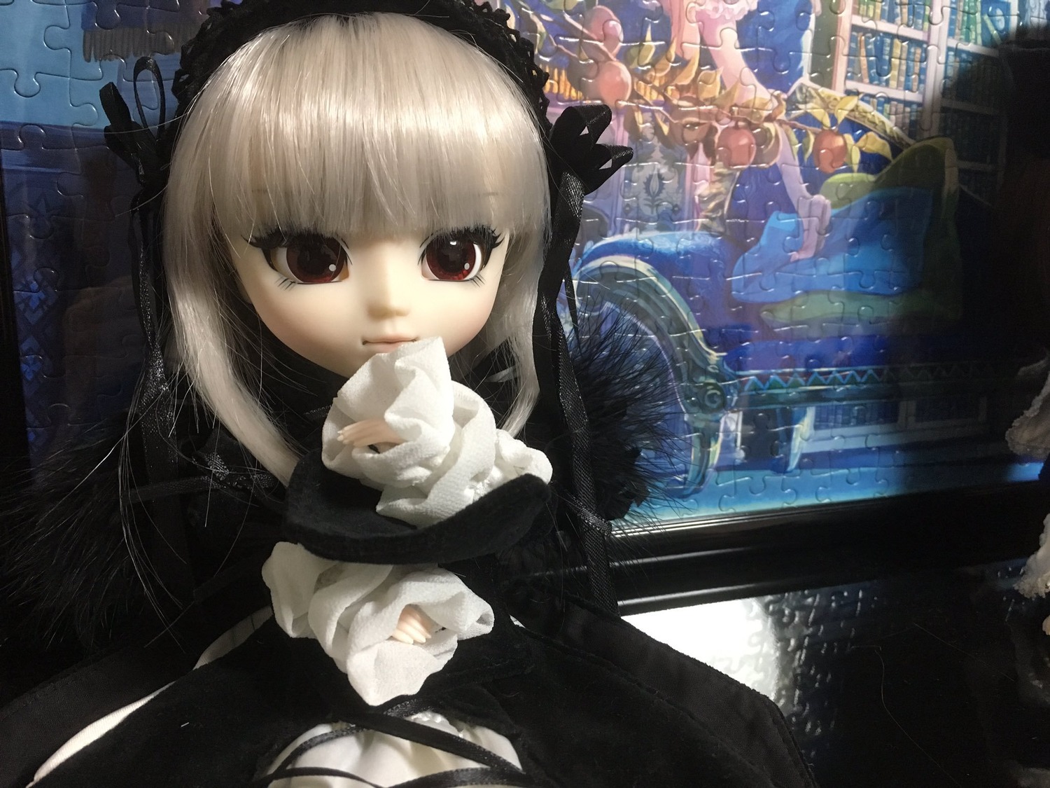 1girl blonde_hair bridge building city doll dress long_hair looking_at_viewer mouth_hold solo suigintou water